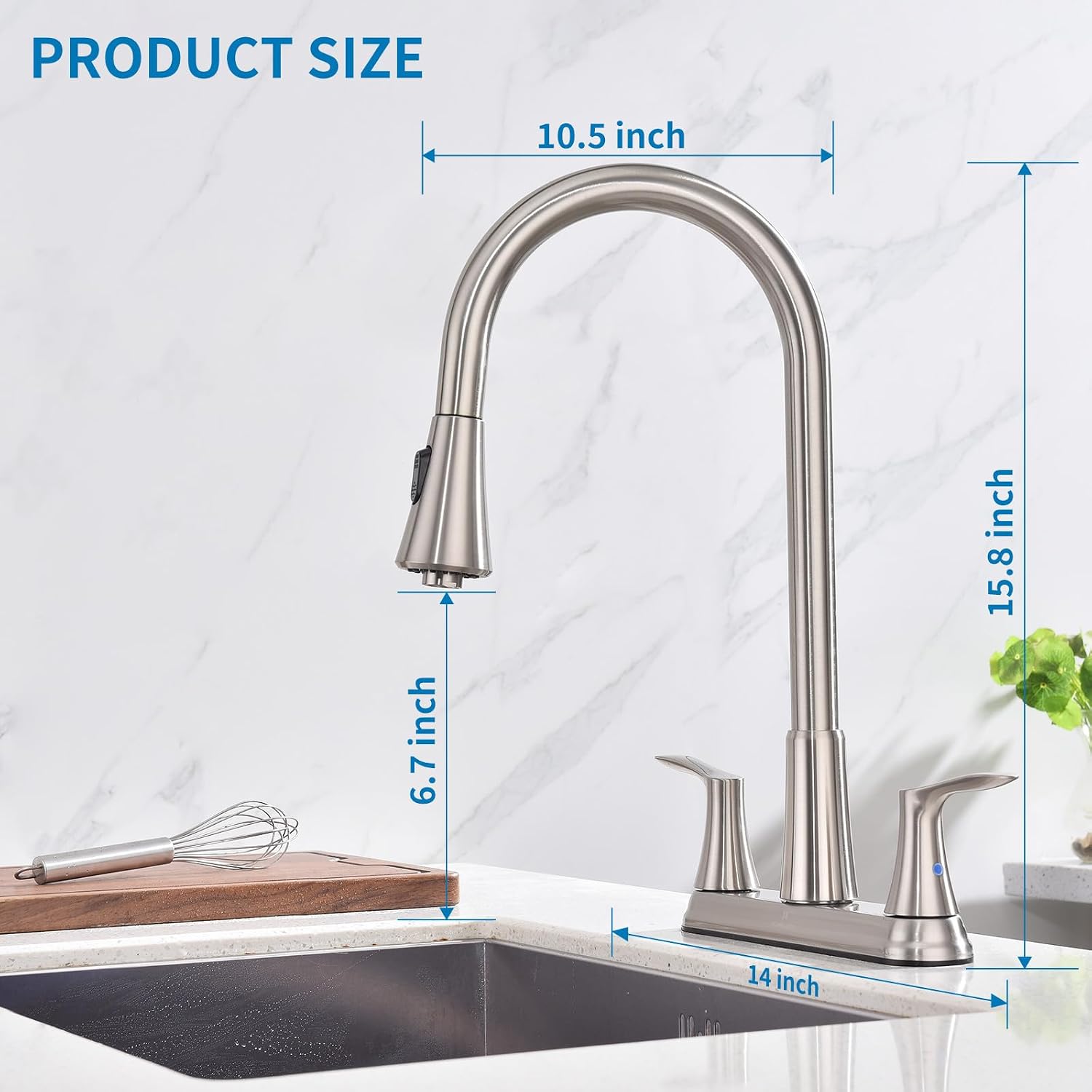 homelody 2 handles kitchen faucet with pull down sprayer for 3 hole sink, 8 inch 360° rotating spout centerset kitchen sink faucet with water lines brushed nickel