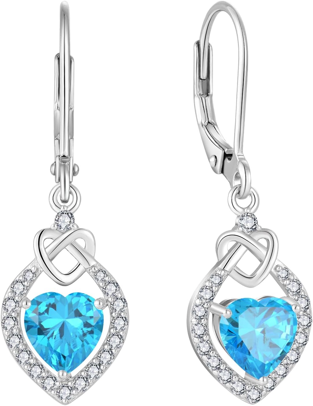 Love Heart Knot Earrings for Women 925 Sterling Silver Heart Birthstone Dangle Drop Leverback Earrings Celtic Jewelry for Her