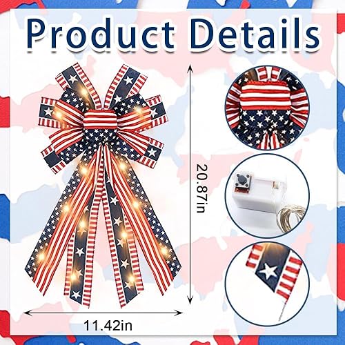 Miniatura 2 de Hying Arcos LED para corona del 4 de julio, lazos de corona patrióticos LED, lazos de arpillera rojo y azul, lazo de banderas estadounidenses con