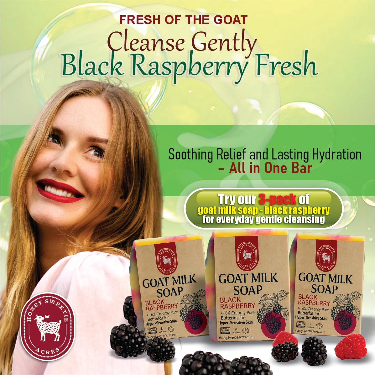 Honey Sweetie Acres 3-Pack Black Raspberry Goat Milk Soap - All Natural 5 oz Handmade Bar Soap – Moisturizing, Gentle for Sensitive Skin, Eco-Friendly, Made in the USA (Black Raspberry)