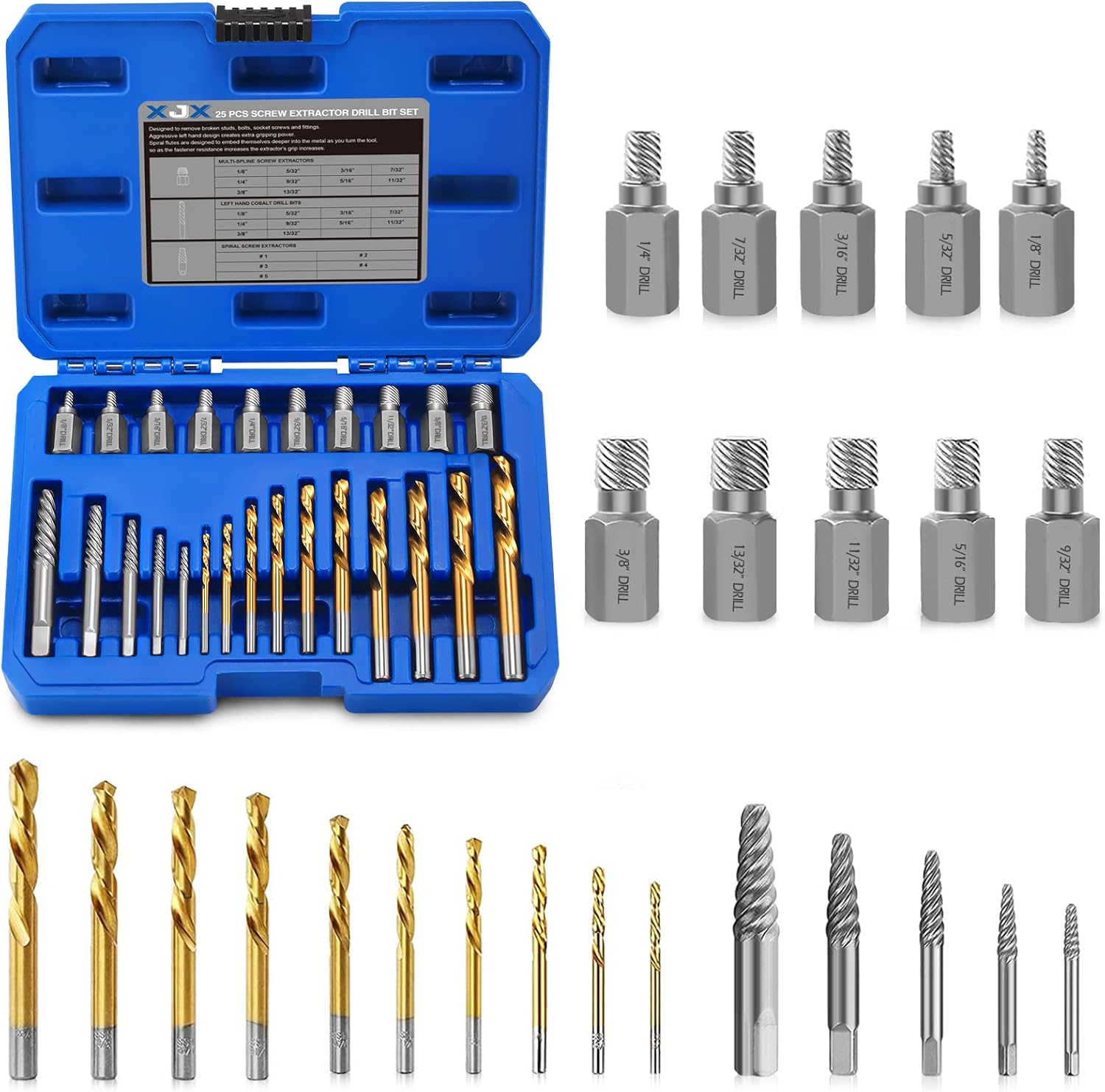 Buy XJX Screw Extractor Drill Bit Set, 25Piece Multispline Screw