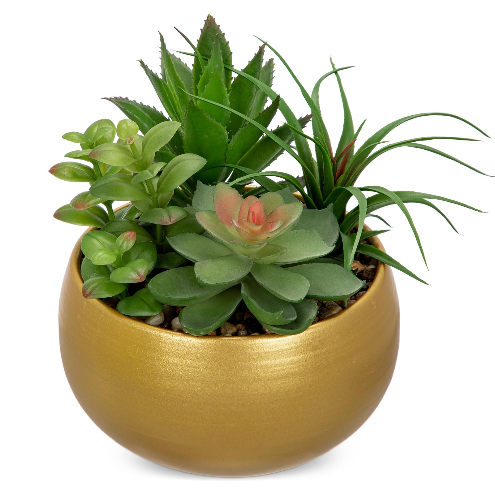 Briful Fake Plants Artificial Succulents in Gold Metal Pot - 7" Faux Succulent Potting Mix Decorative Artificial Plants for Desk, Shelf & Tabletop Home Decor