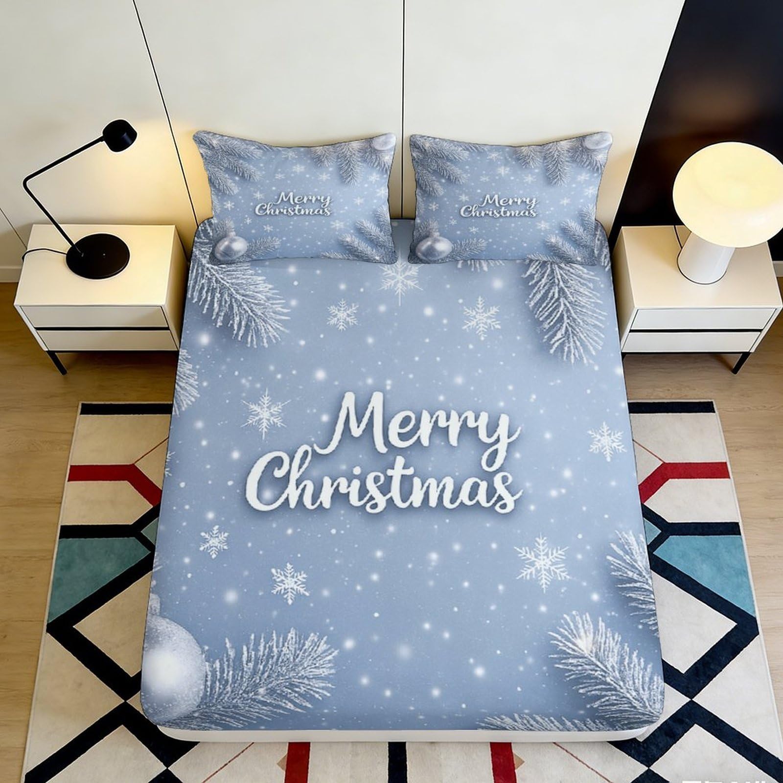 3D Printed Merry Christmas Fitted Sheet Microfiber Snowflake Bed Cover Soft Durable Mattress Cover for Bedroom Dormitory Guest Room Protection 160x200x25cm
