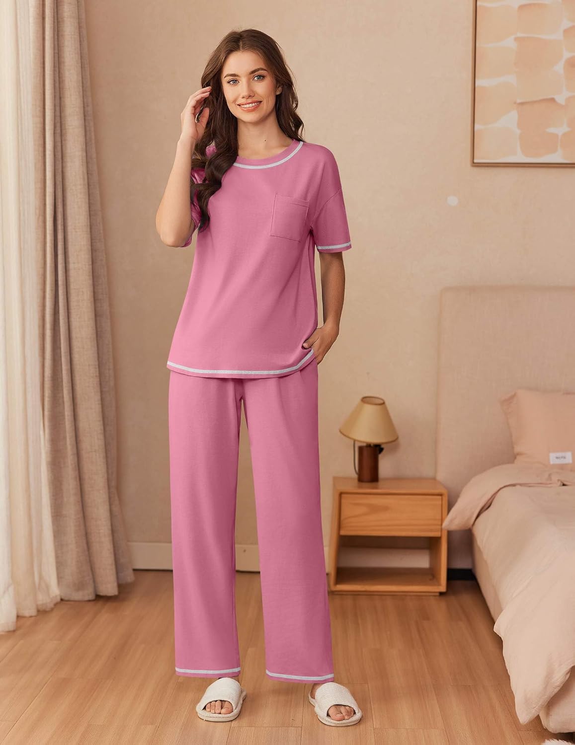 Ekouaer Cotton Pajamas Sets for Women Soft Contrast Piping Lounge Set 2 Piece Short Sleeve Pj Set with Pockets - Image 3