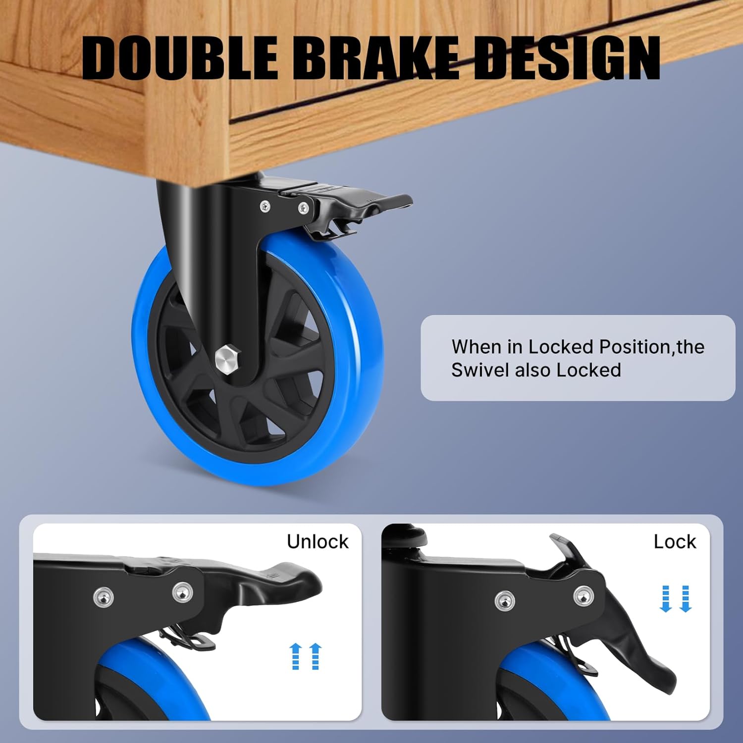 6 Inch Casters Set of 4 Heavy Duty with Safety Double Brake, Swivel Caster Wheels 2600 LBS Capacity, No Noise Top Plate Castors for Cart, Workbench, Furniture, Equipment