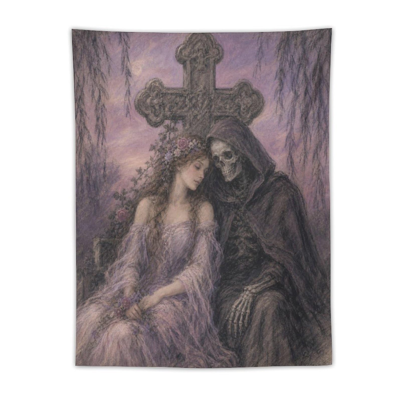 H3B8U2Y5 Gothic Bride with Death Wall Tapestry, Fantasy Illustration