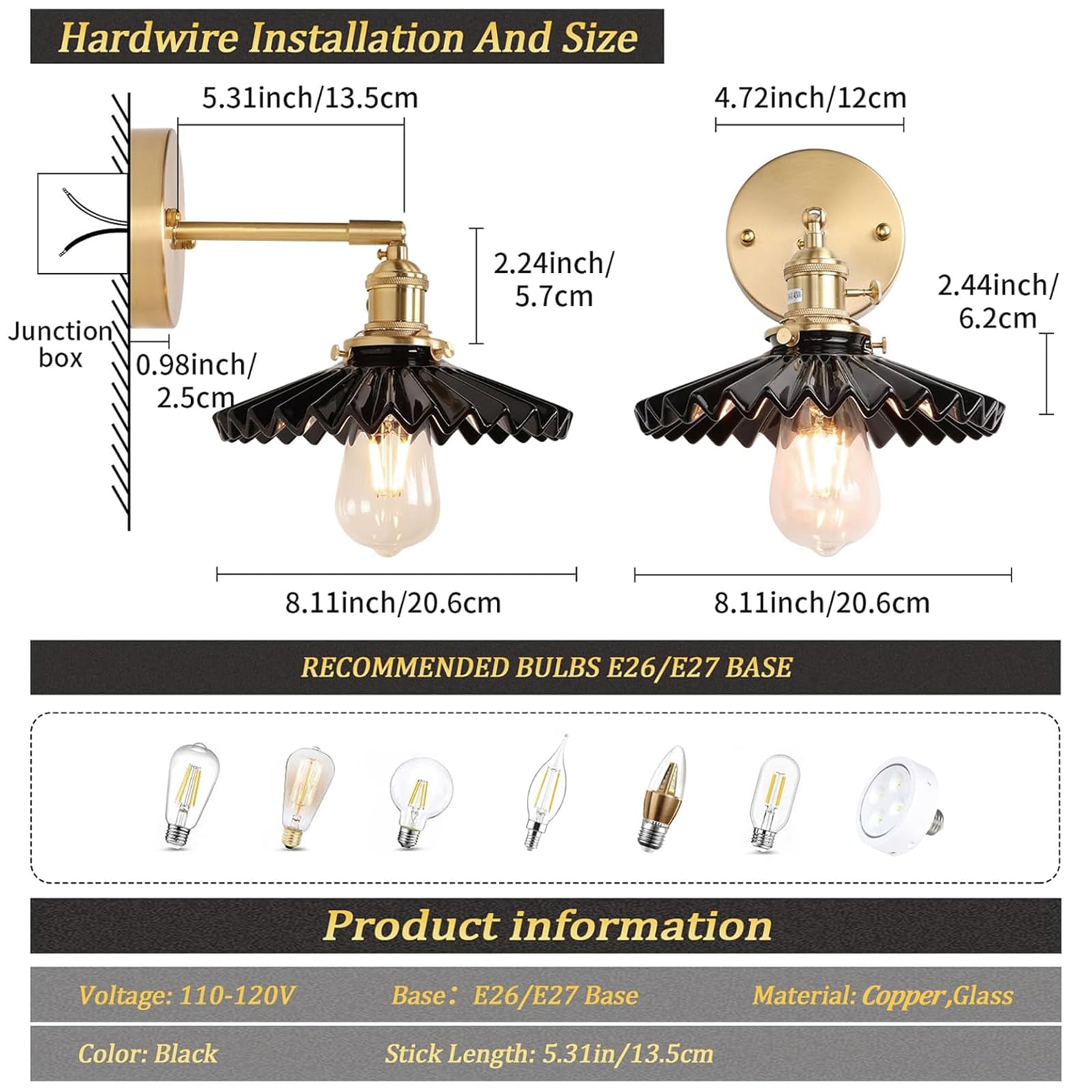 Shenmoyl Vintage Wall Sconce with Black Pleated Ceramic Lampshade