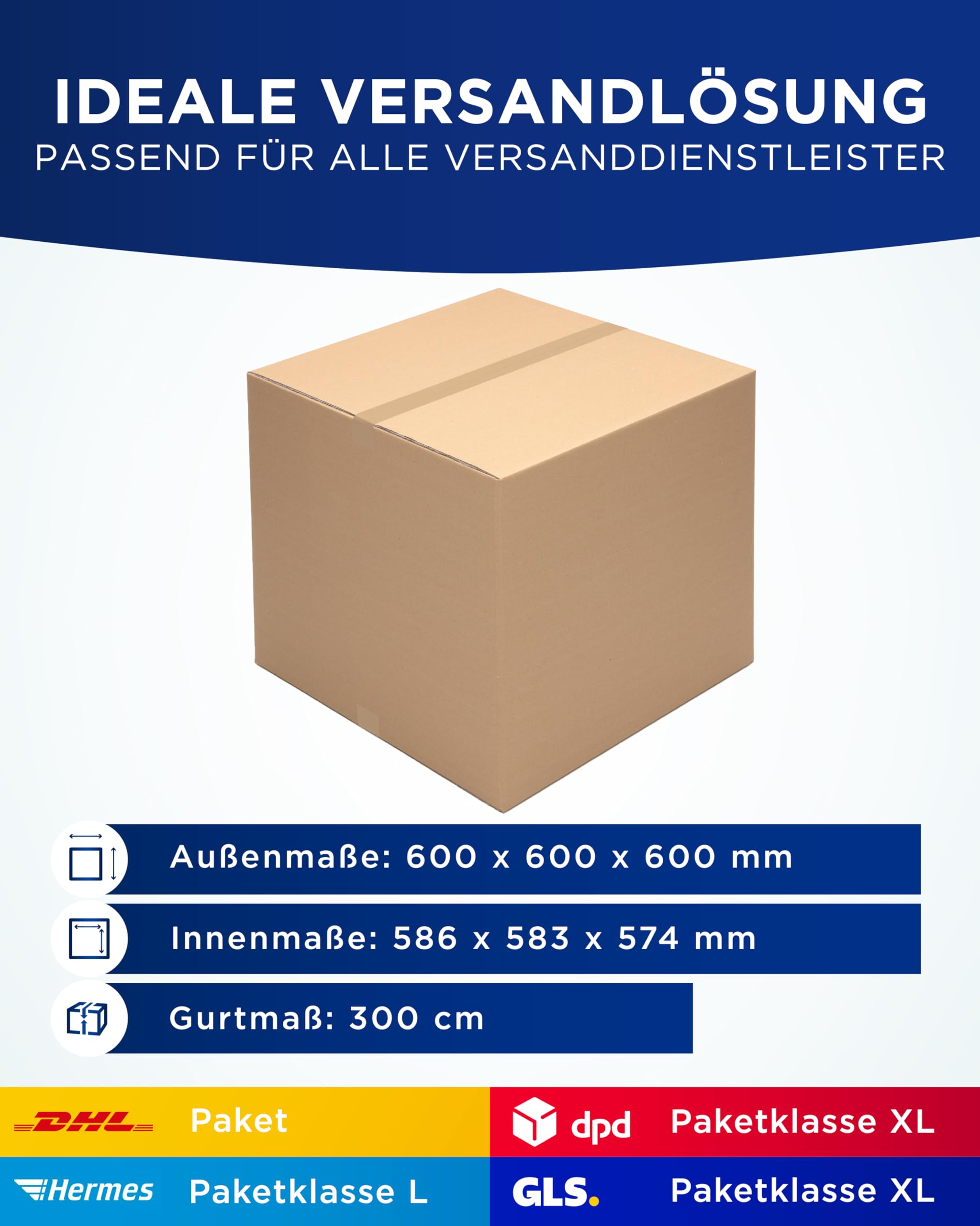 KK Verpackungen Versandkartons 600 x 600 x 600 mm Braun 2-wellig (Innenmaß 586 x 583 x 574 mm) | 10 Stück, Faltkartons Kartons für Versand als DHL Paket Hermes Paketklasse L DPD GLS Paketklasse XL