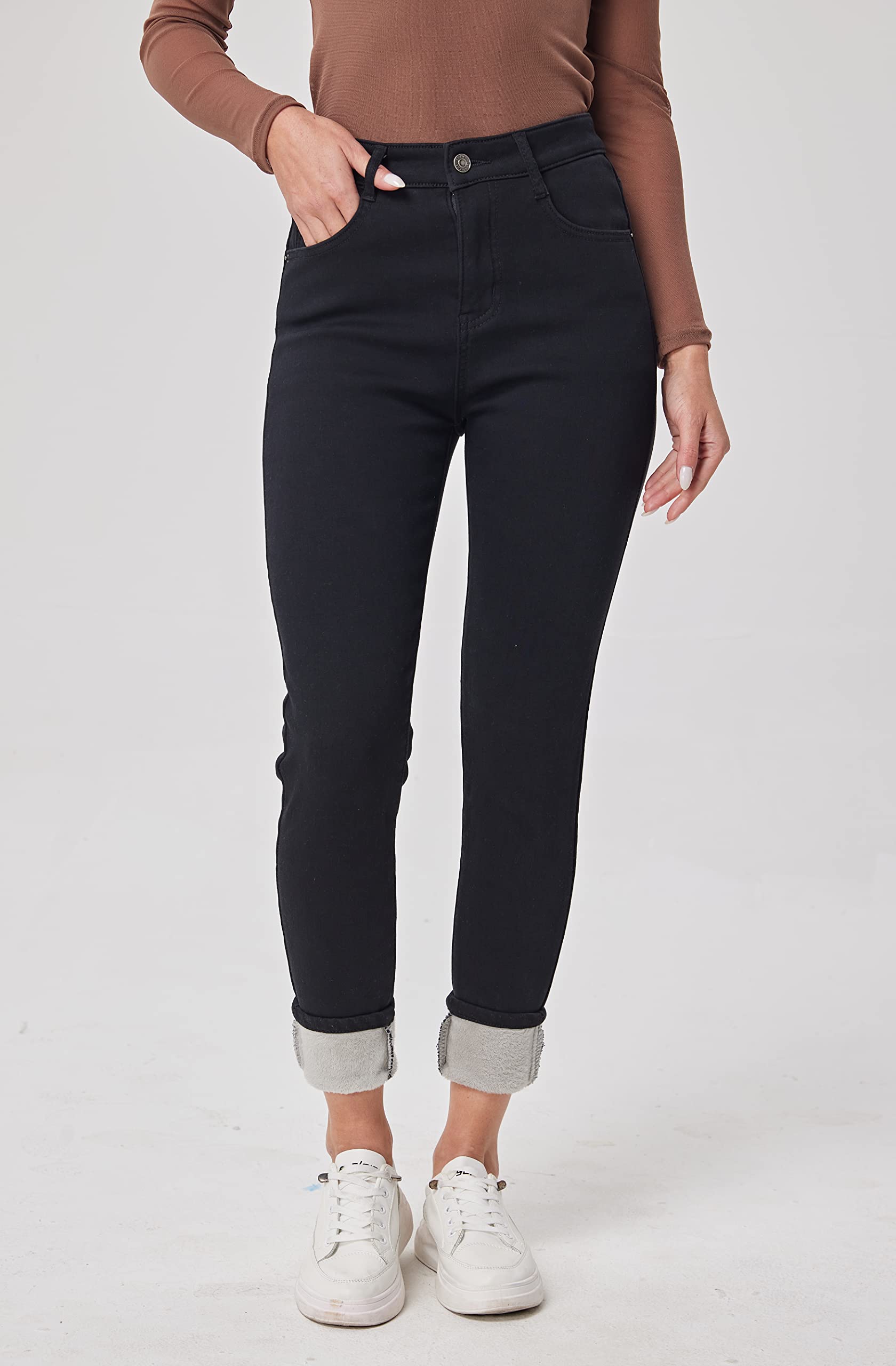 Fakanhui Jean d'hiver doublé en Polaire pour Femme avec Doublure en Flanelle Thermique