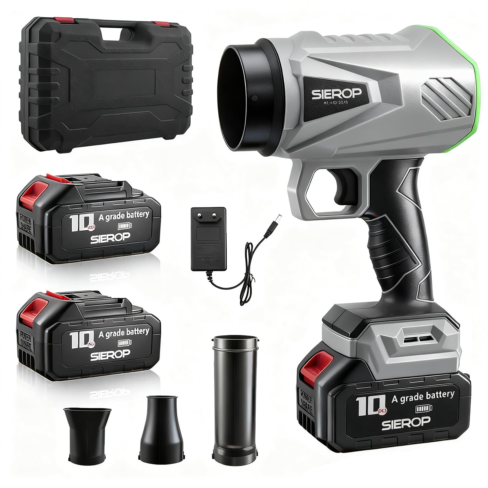 Soffiatore a batteria, piccolo soffiatore senza fili con 2 batterie da 2,5 Ah e caricatore e 3 ugelli, potenza di soffiaggio 1,2 kg, motore senza spazzole, per campeggio, giardino e officina