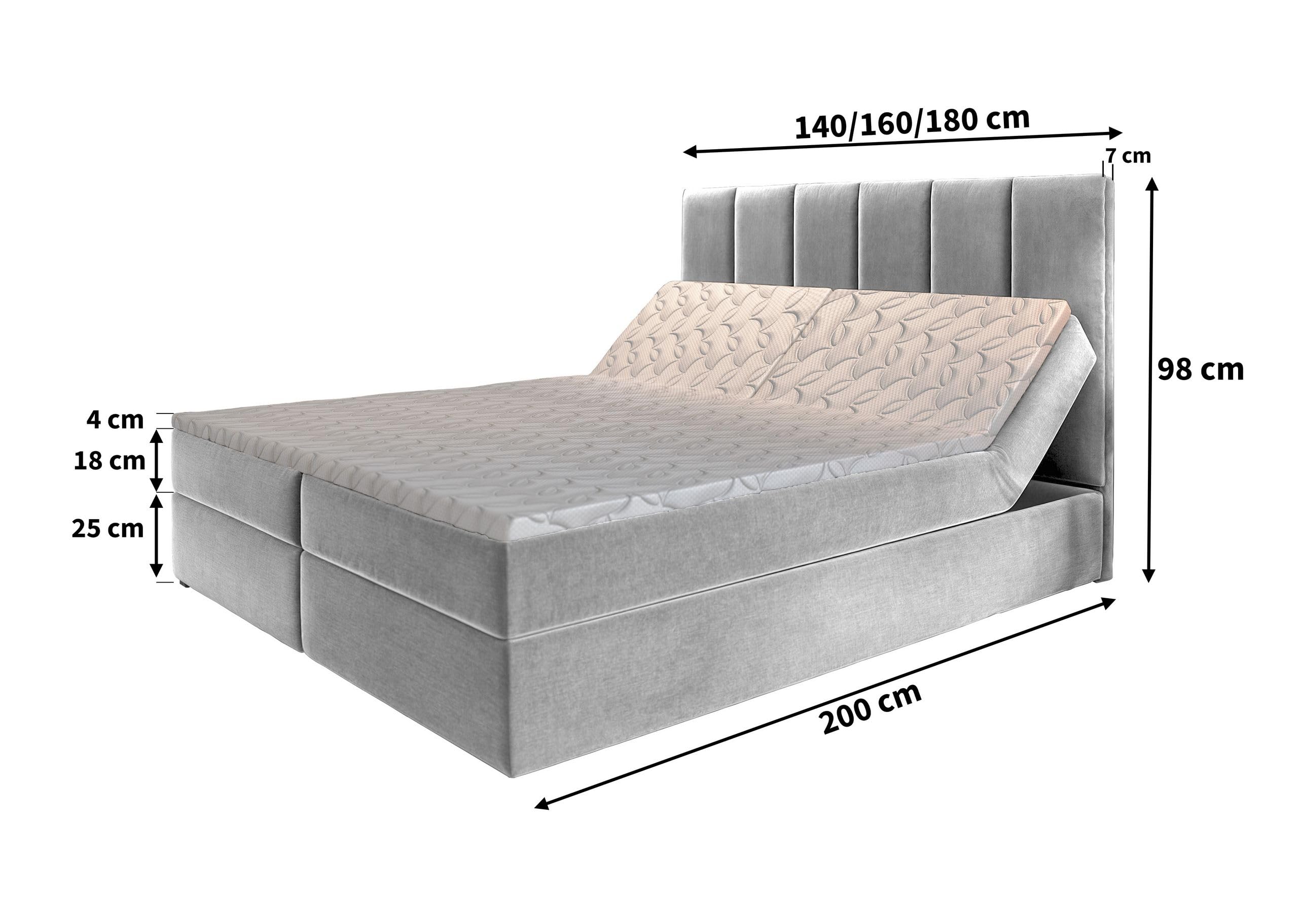 Masseno Boxspringbett BARINO 160x200 cm Komplett-Set mit Matratze und Topper, Polsterbett mit Zwei Bettkästen -Blau, Kronos 09