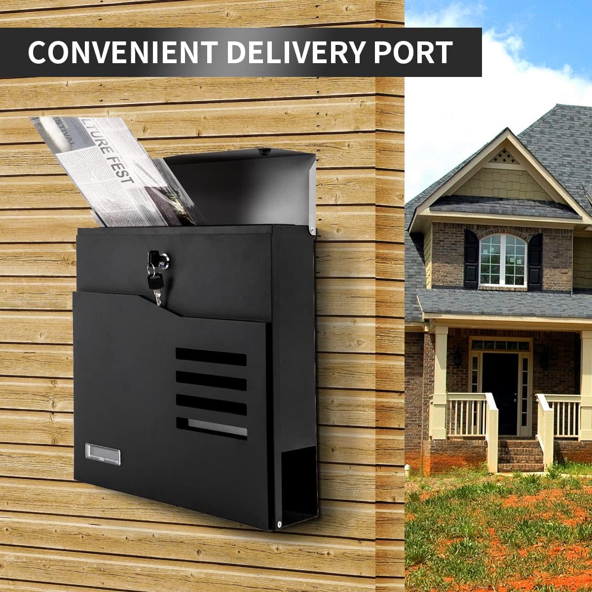 Mailbox Wall Mount,Large Capacity Locking Mailbox for Outside,Galvanized Steel Cover and Rust-Proof Metal Post Box with Newspaper Holder,14.6"x14.6"x4.3" Black,MD024G