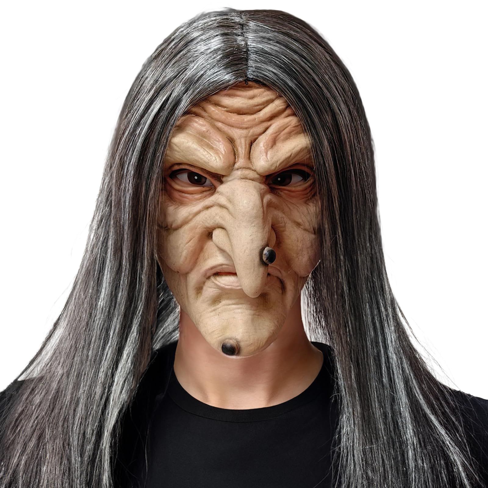 Aofonchy Old Witch Halloween Mask - Horror Latex With Hair, Scary Lady, Realistic Woman, Creepy Full Face for Cosplay Haunted House Props
