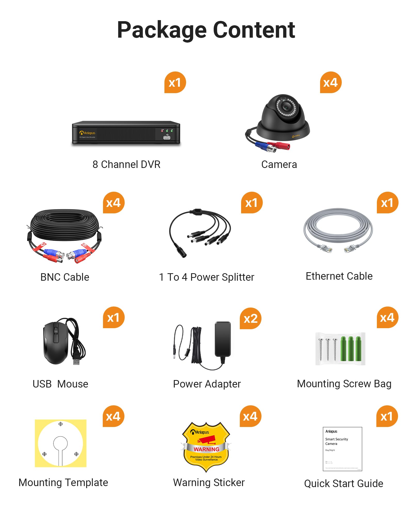 Anlapus 1080P Video Überwachungskamera Set mit Kabel, 8CH DVR Recorder mit 1TB Festplatte, 4X 2MP Außen Dome Kamera, Personen- und Fahrzeugerkennung