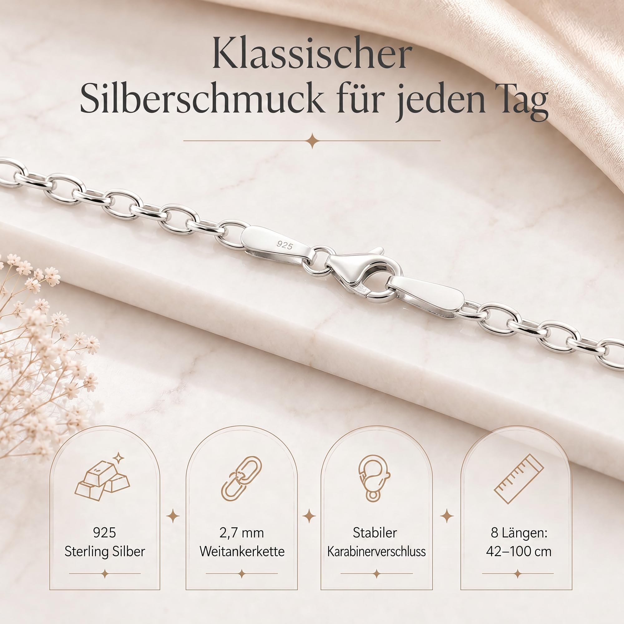 Ankerkette 925 Silber Kette Damen Halskette 2,7 mm 101032-0 | Silberkette etwas breitere Glieder in den Längen 42 45 50 60 70 80 90 100 cm verfügbar