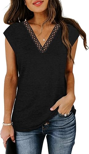 Miniatura 2 de ETCYY Camisetas de verano para mujer 2023, a la moda, ajuste holgado, con encaje y estampado floral, manga casquillo, blusas