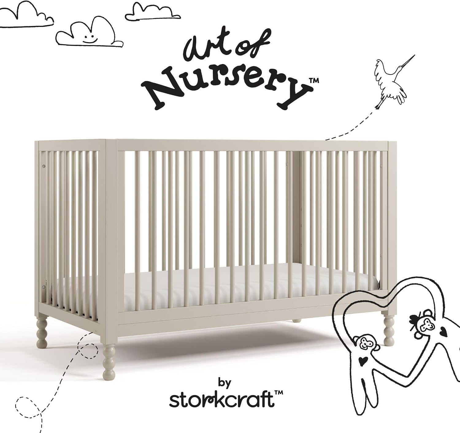 Storkcraft Rio 5-in-1 Convertible Crib and Toddler Guardrail – GREENGUARD Gold Certified, Toddler Bed Conversion Kit Included, Fits Baby Crib Mattress, Converts to Full Bed (Frosted Oat)