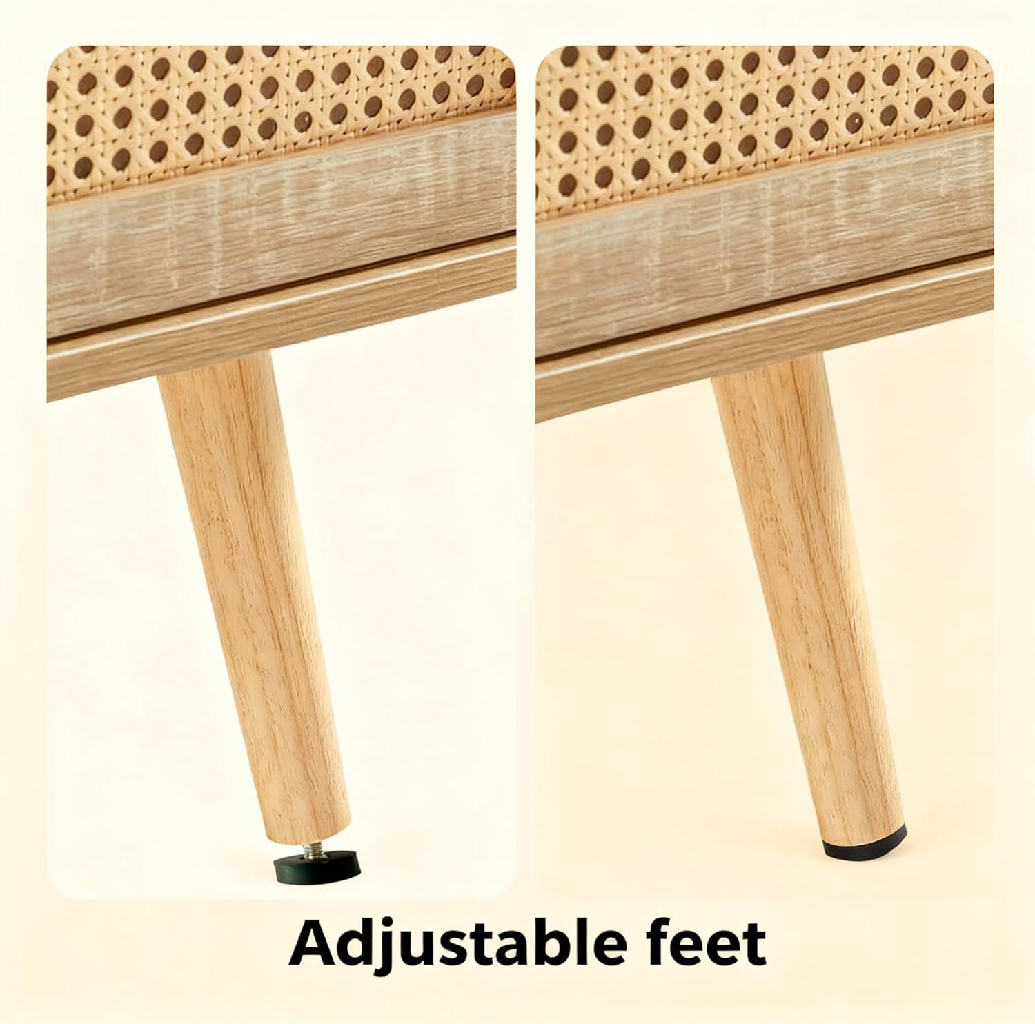 41.34‘’ Rattan Coffee Table with Storage, Boho Coffee Table with Sliding Rattan Door Panel and Solid Wood Legs, Oak Small Coffee Tables, Space Saving Design for Living Room, Apartment