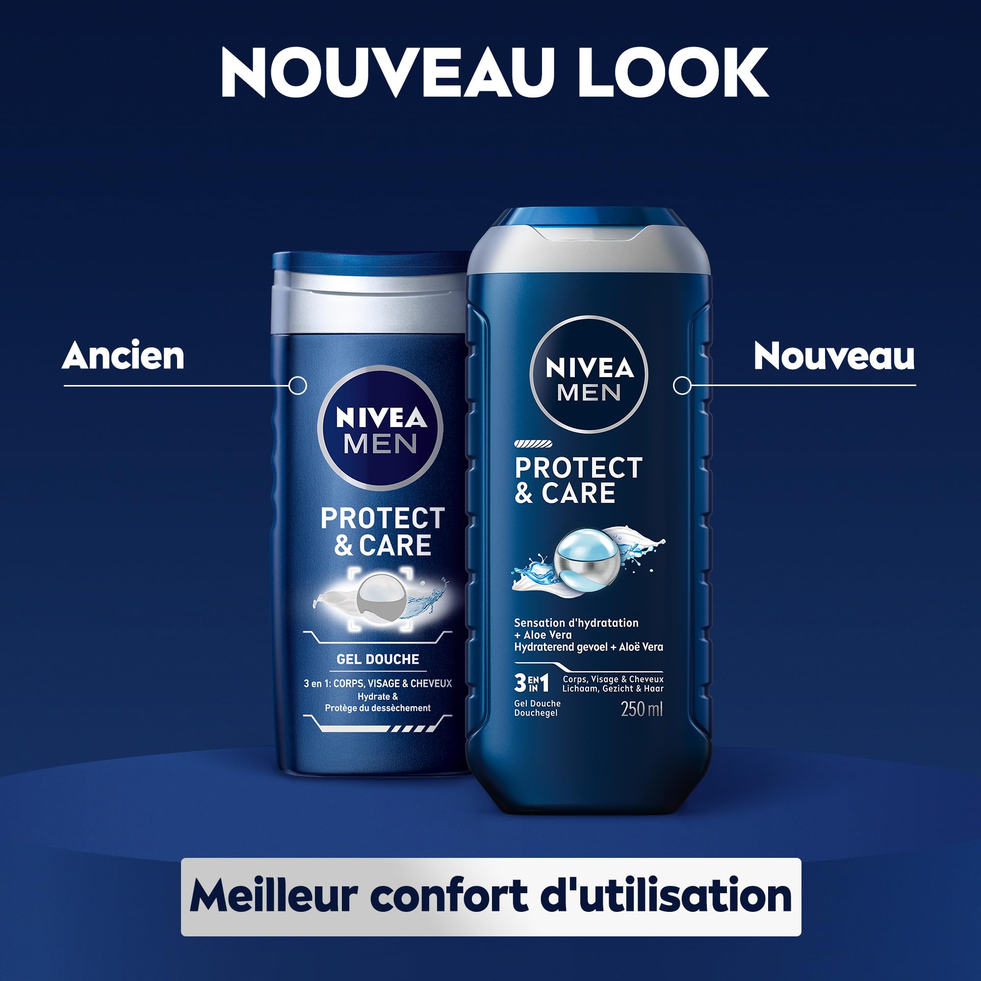 NIVEA MEN Gel douche Protect & Care (lot 6x250 ml) — Soin lavant enrichi en Aloe Vera naturel — Gel douche homme 3 EN 1 — Soin nettoyant corps visage et cheveux à la formule hydratante