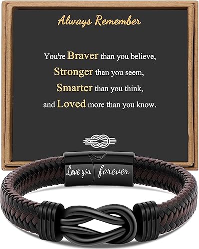 Regalo para hombres, pulsera infinita para hombres, papá, marido, novio, hijo, nieto, hermano, sobrino, tío marrón, cuero trenzado para siempre,