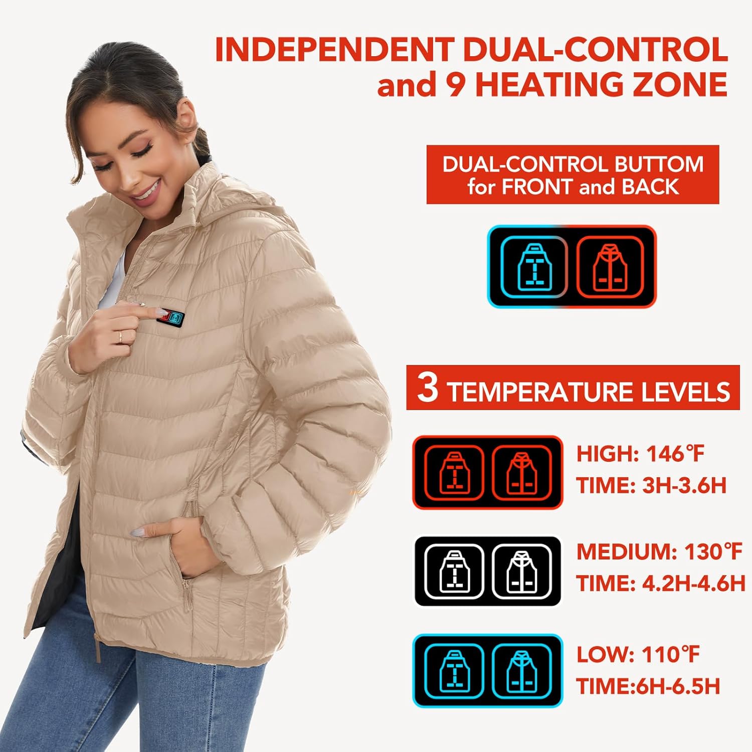 Heated Jackets for Women, 9 Heating Areas With 10000mAh Power Bank,Winter Warm Outdoor Ski Coat - Image 2