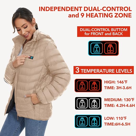 OAOA innovation Heated Jackets for Women, 9 Heating Areas With 10000mAh Power Bank,Winter Warm Outdoor Ski Coat