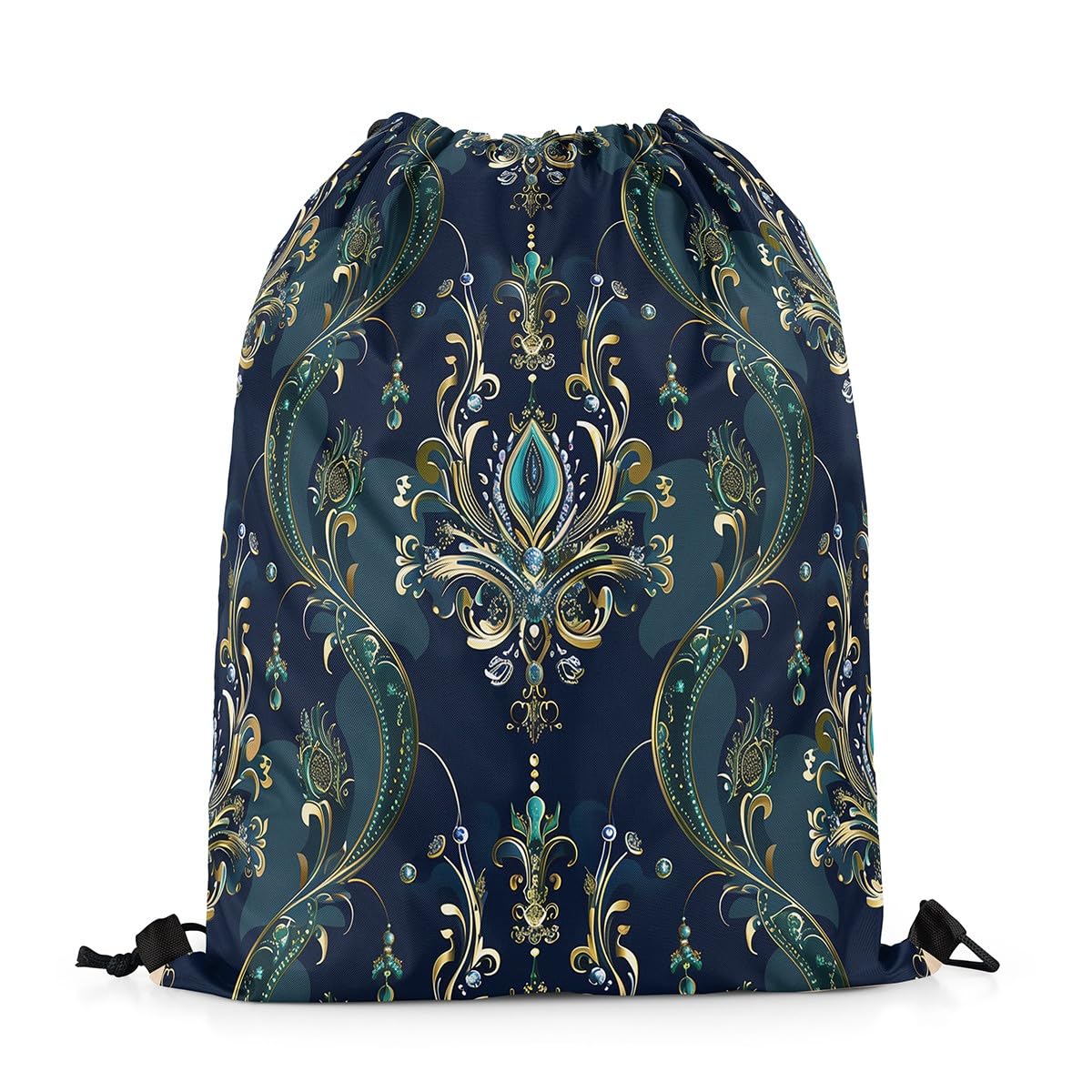 Homewish Golden Damask Draw String Back Bag 33 x 40 cm Antique Victorian Baroque String Backpack Vintage Floral Drawstring Bags Western Bohemian Esthetics Drawstring Backpack for Sport Camping