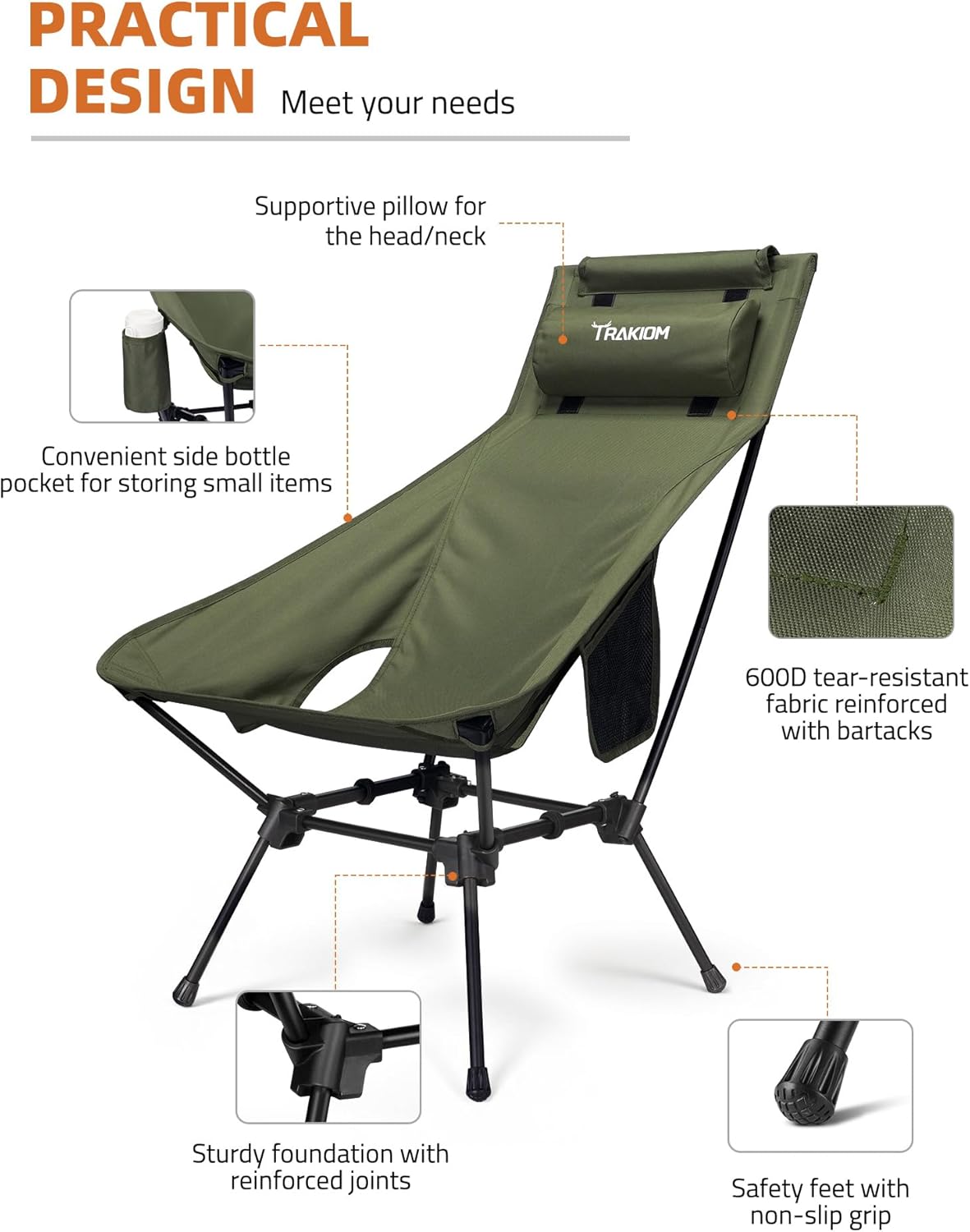 High Back Portable Compact Camping Chair, Lightweight Green Folding Chair with Head Support & Widened Seat, Adjustable Head Support for Beach, Camping, Festival, Hiking and Outdoor Travel