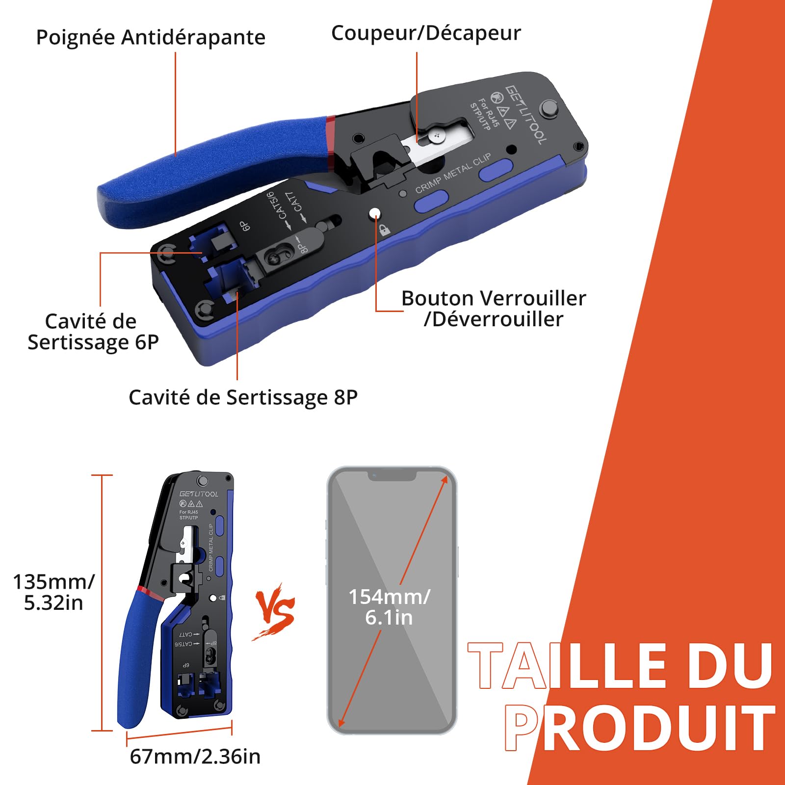 GETLITOOL Kit D'Outils de Sertissage RJ45 Pince à Sertir pour Réseau Ethernet,avec 60 Connecteurs Traversants RJ45/Cat5/Cat6/Cat6a/Cat7,60 Couvercles de Protection,Réseau Domestique DIY Bleu