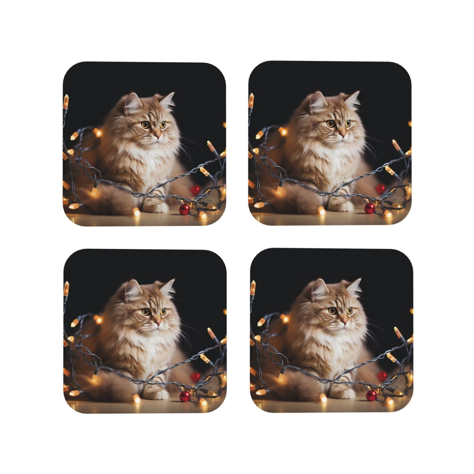 4pcs Drink Coasters for Tabletop Protection, 4" Leather Coasters for Drinks, A Cat and Christmas Lights Cup Coasters for Coffee Table Decor, Non-Slip Drinking Cup Mat for Hot Or Cold Drink