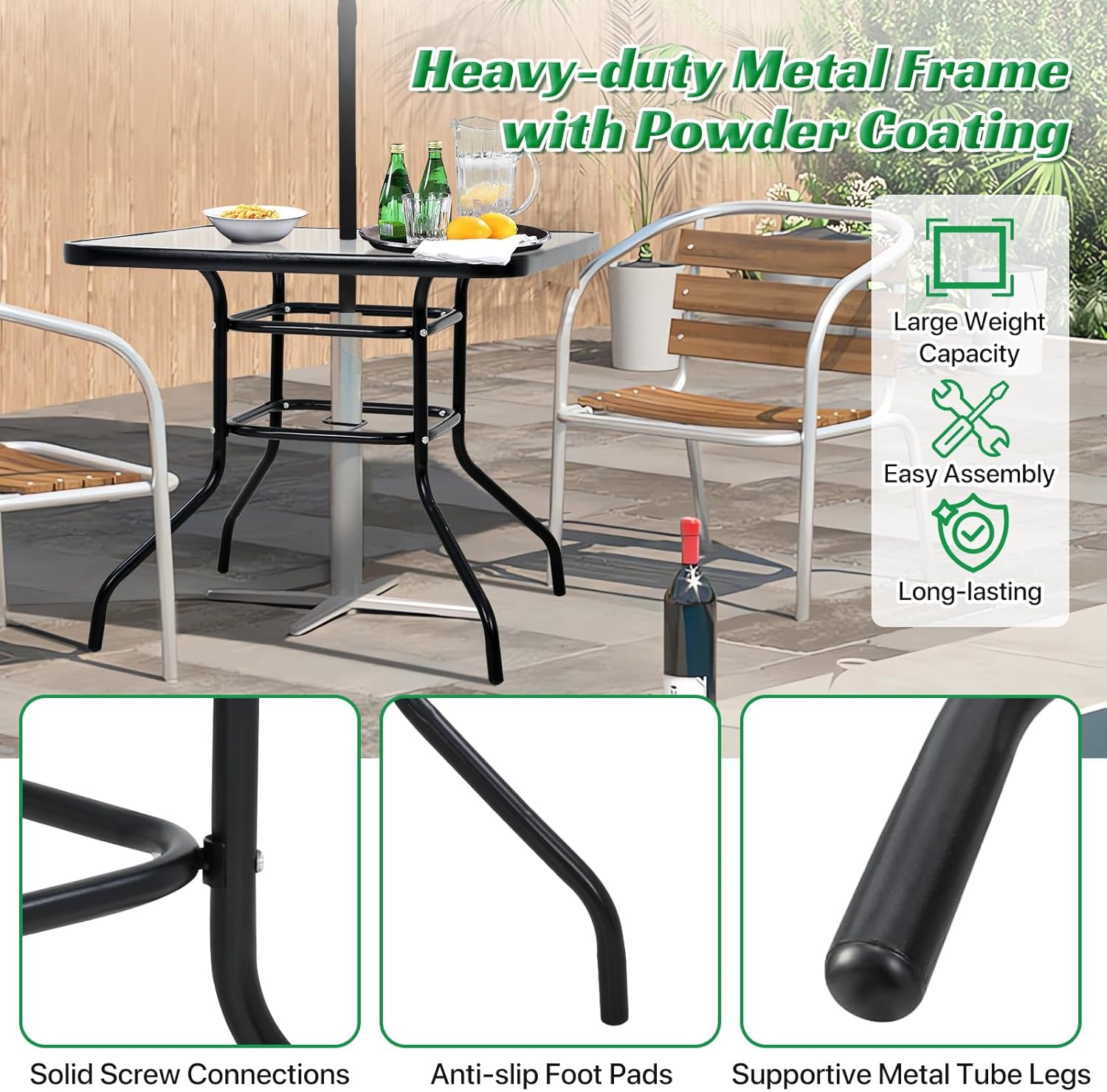 Dkelincs Outdoor Dining Table with Umbrella Hole 31.6" Square Patio Table Outdoor Furniture Garden Tempered Glass Patio Bistro Table for Balcony Backyard Lawn and Garden, Black