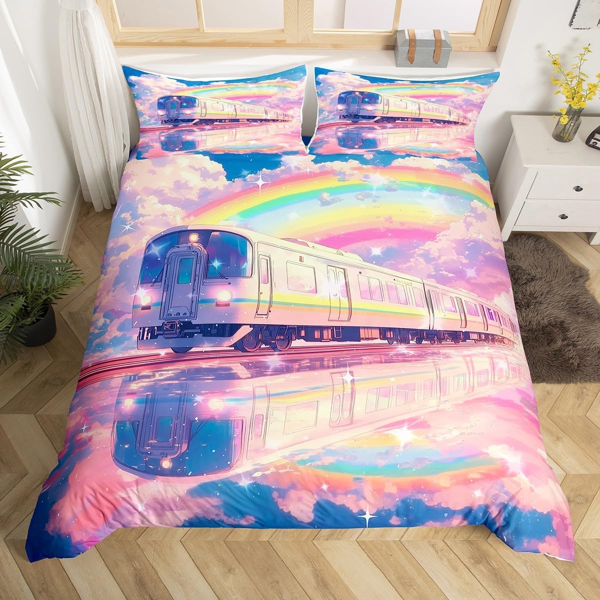 Pink Train Duvet Cover Set Toddler Size,Watercolor Cloud Sky Rainbow Bedding Set 2Pcs for Kids Girls Boys Teens Room Decor,Fantasy Train Comforter Cover Pink Blue Purple Quilt Cover,1 Pillowcase