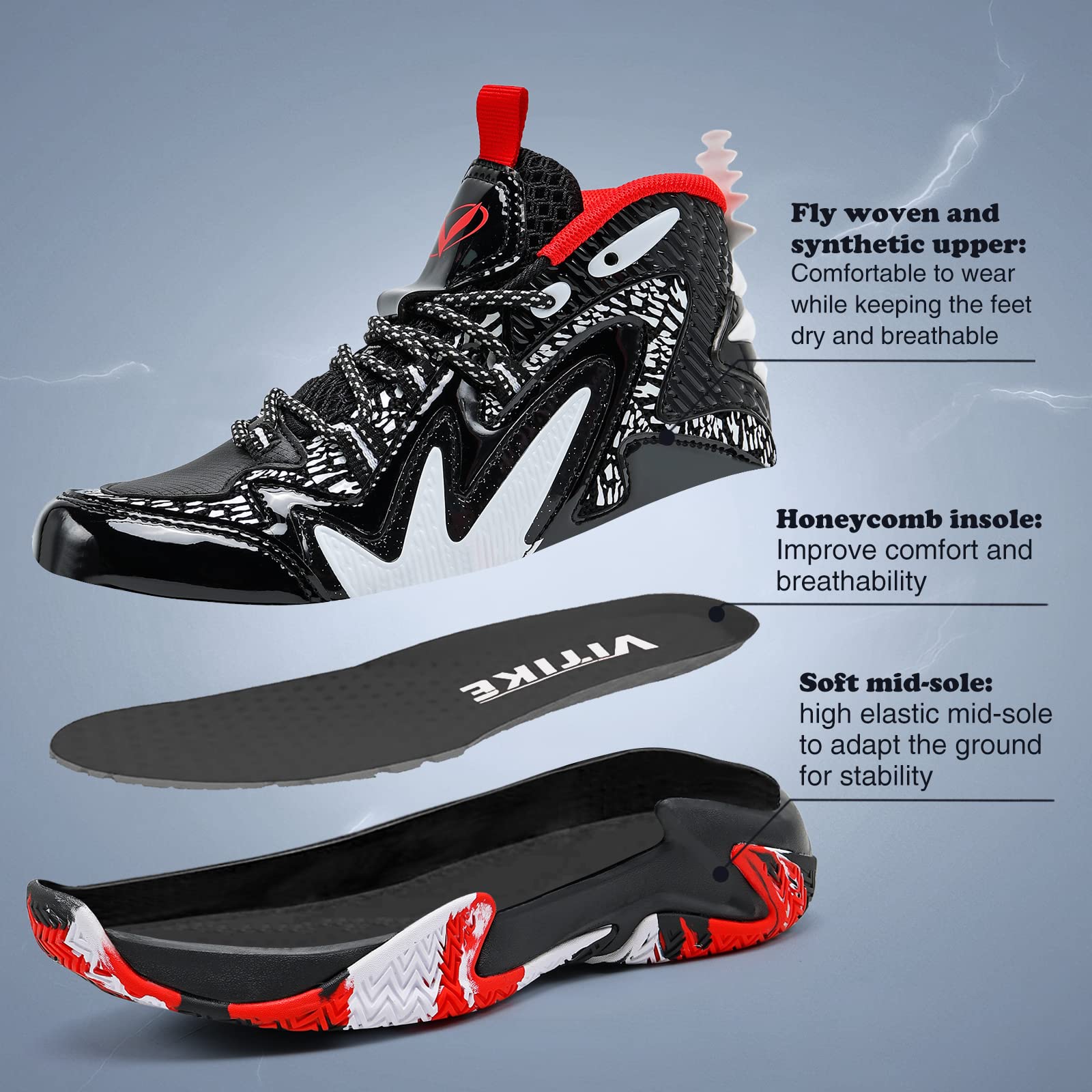 JMFCHI Boys Basketball Shoes Kids Sneakers High-top Sports Shoes Durable Lace-up Non-Slip Running Shoes for Little Kids Big Kids Size 5 Black Red