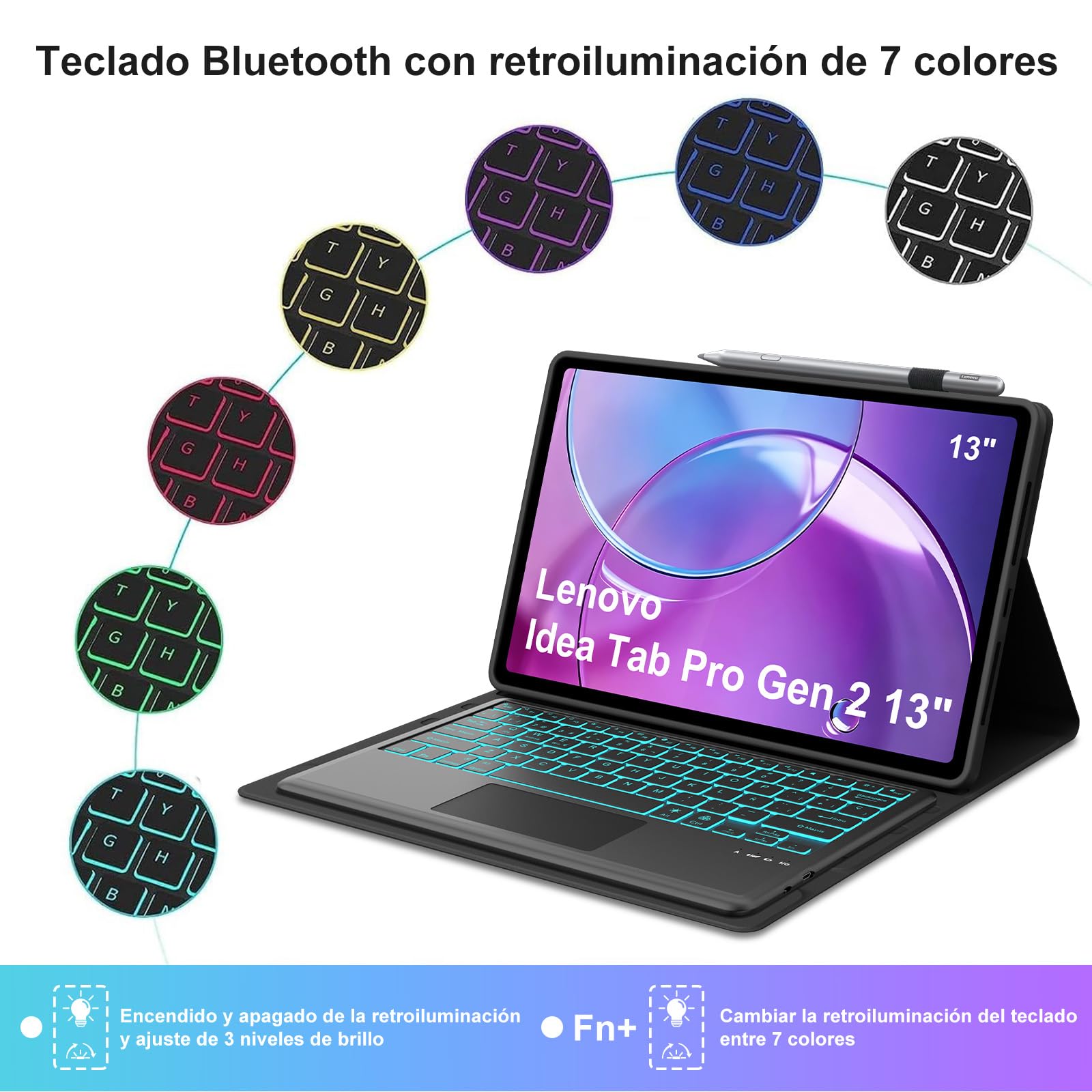Teclado Funda para Lenovo Idea Tab Pro Gen 2 2026 13 pulgadas con Touchpad | Capa keyboard Trackpad Español Ñ Retroiluminado Desmontable Bluetooth para Lenovo Idea Tab Pro Gen 2 TB390FU, Negro
