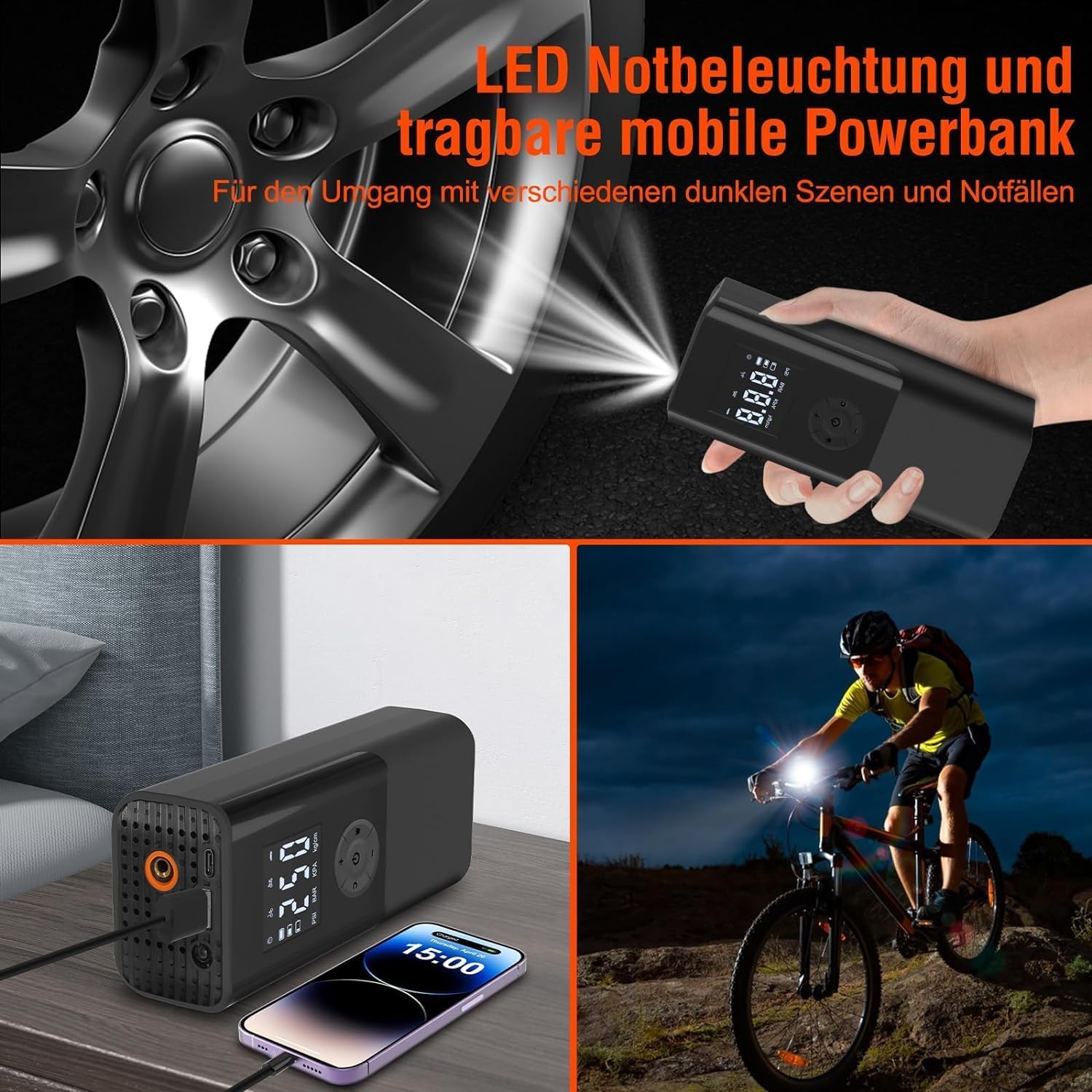 Luftpumpe 150PSI Elektrische Fahrradpumpe Mini Kompressor 12V EasyPump Mit Alle Ventile Autostop Funktion LCD LED Reifenfüller Tragbarer Luftkompressor über USB-C wiederaufladbar Als Powerbank