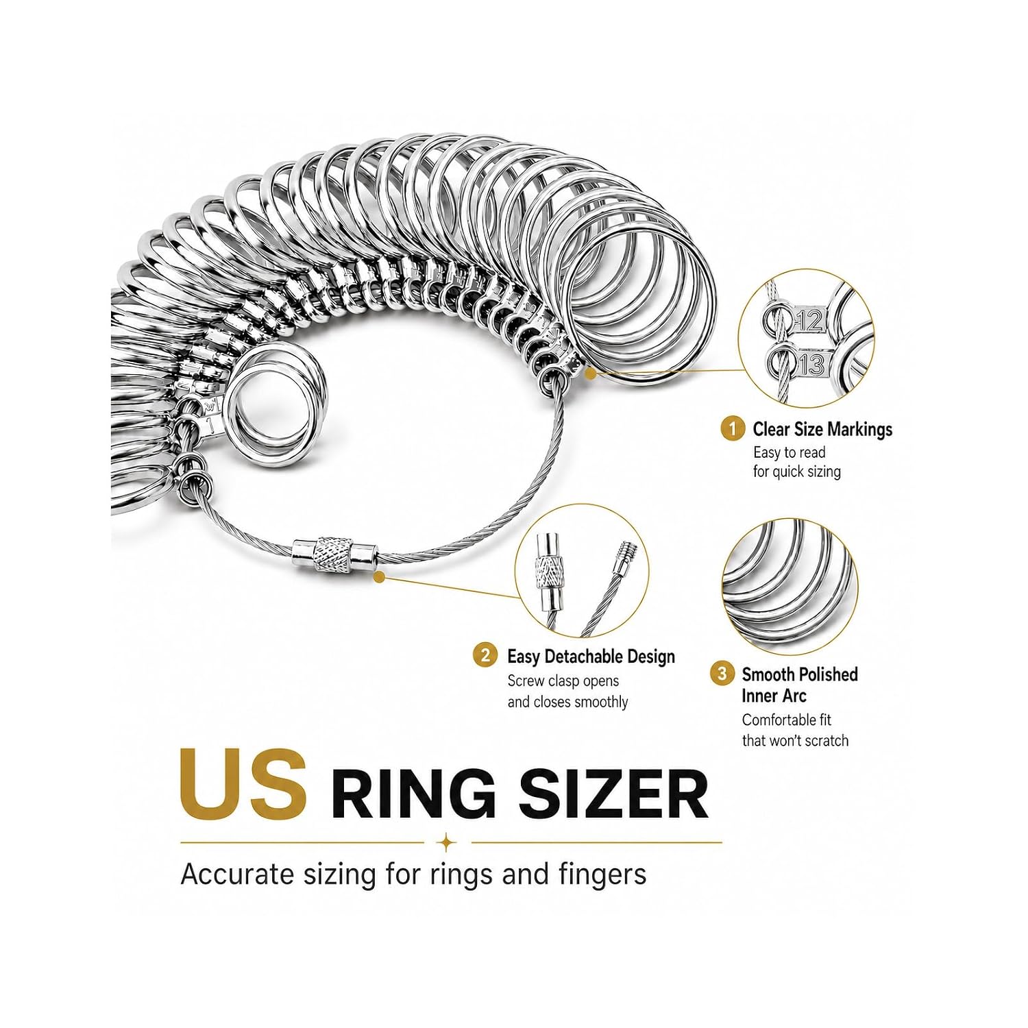 Ring Sizer Measuring Tool Kit, 27 PCS Metal Ring Gauge Set US 0-13 with Half Sizes, 2 Plastic Finger Sizer Belts US 1-17, for Wedding, Engagement Rings & Jewelry Making