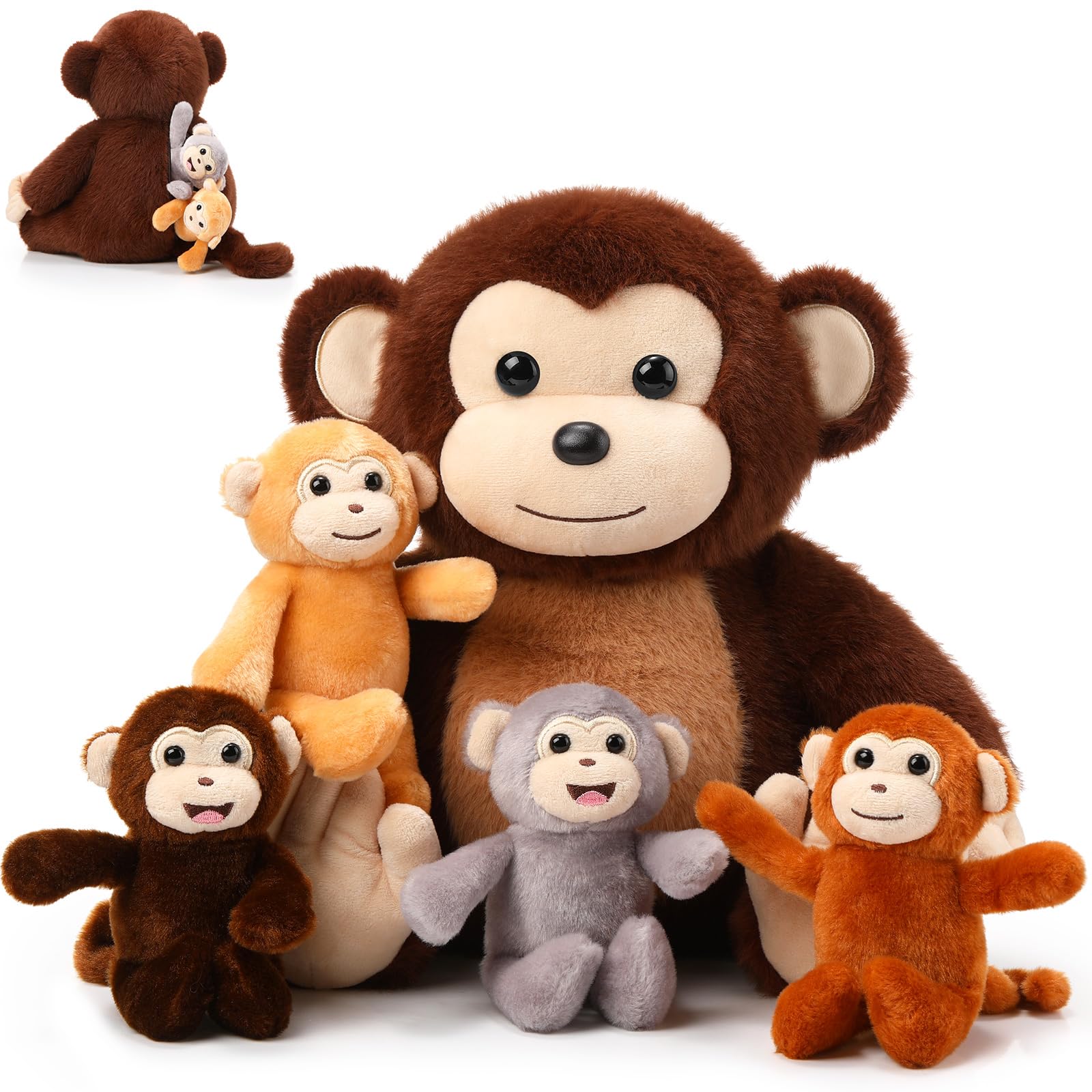 Aoriher 5 Pieces Monkey Plush Toy Set 1 Mommy Monkey Stuffed Animal with 4 Cute Plush Babies in Her Tummy 13 Inch Cuddly Monkey Plushie Gifts for Christmas Boys Girls Birthday Party(Cute Style)