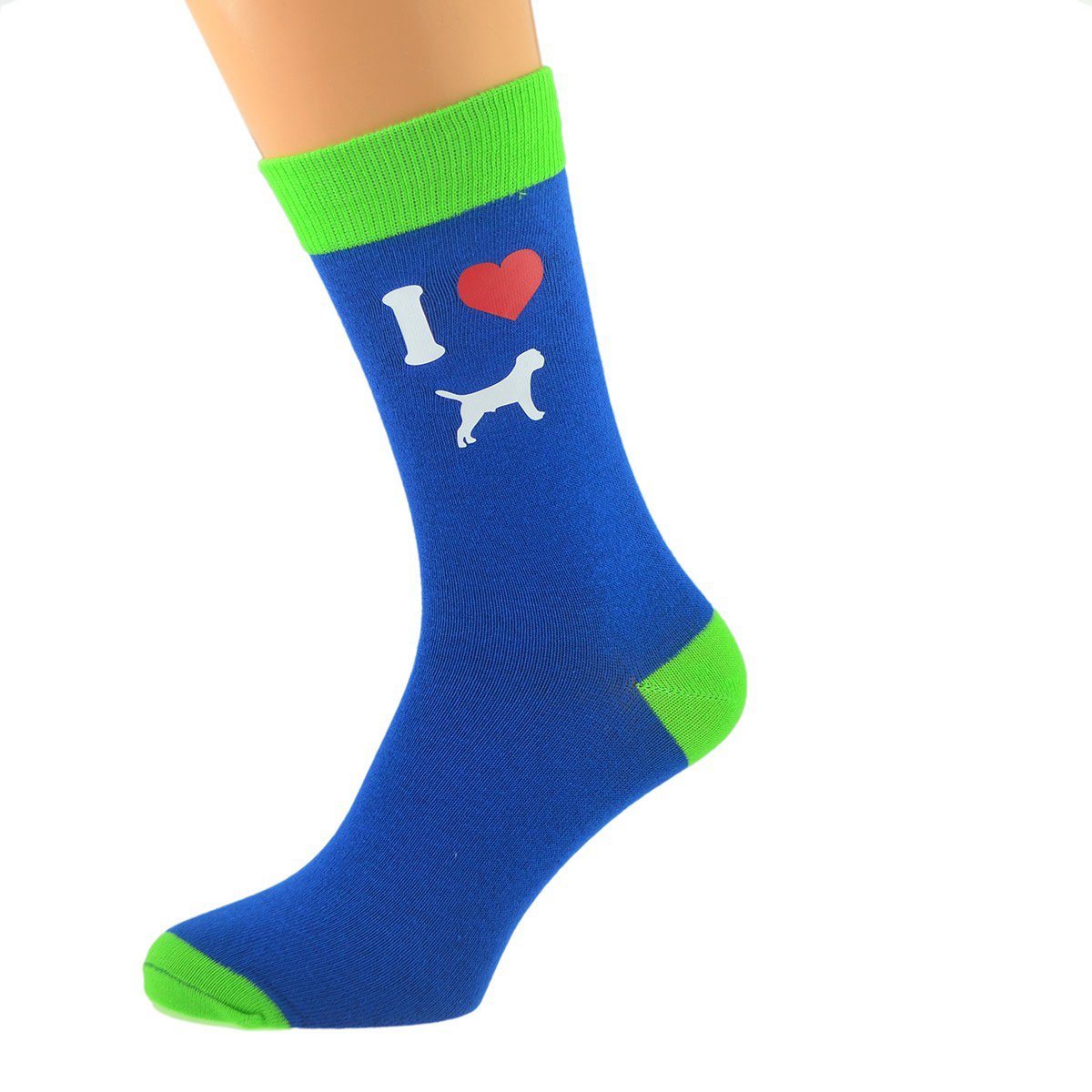 Gtr-Prestige Giftware Men's Multicoloured Blue & Lime Green Unisex Socks I Love Border Terriers Dog Design X6n580