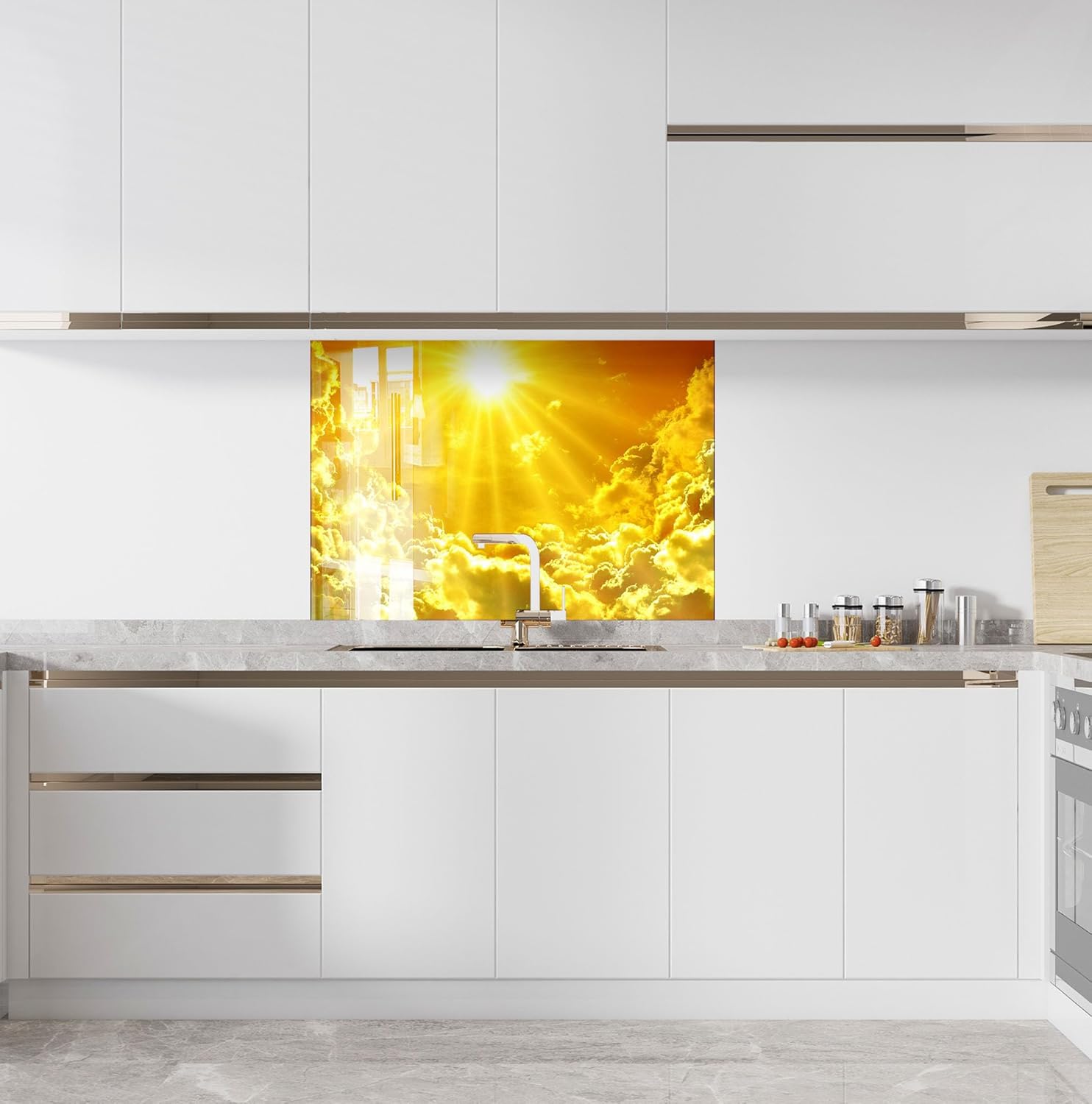 Myphotostation.com 16x16'' Tempered Glass Sunny Sky Backsplash Design Cooker Wall Backsplash Panel Glass Splashback for Kitchen Panel Design Yellow Clouds Splashback