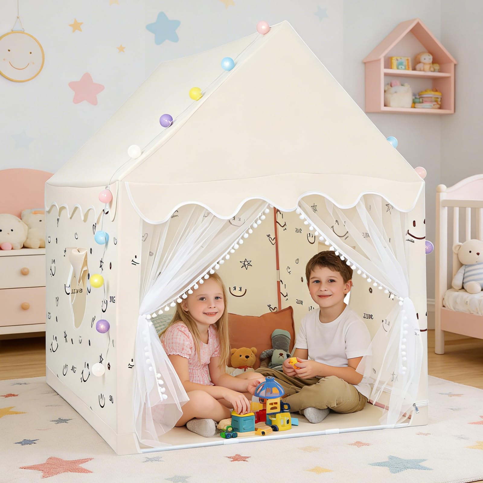 Kinder Spielzelt mit LED Licht, Tipi Zelt für Kinder aus Metallgestell, Indoor & Outdoor Spielhaus,Maße 100×120×130cm, Ideal für Geburtstage, Feiertage und als Geschenk für Kinder