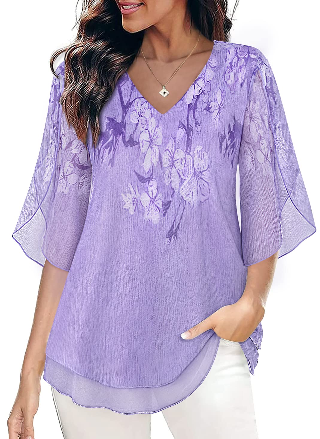 SeSe Code Womens Pleat Stretch Mesh Blouses Short Sleeve Breathable Flowy Shirts, Purple - V Neck, 3X-Large