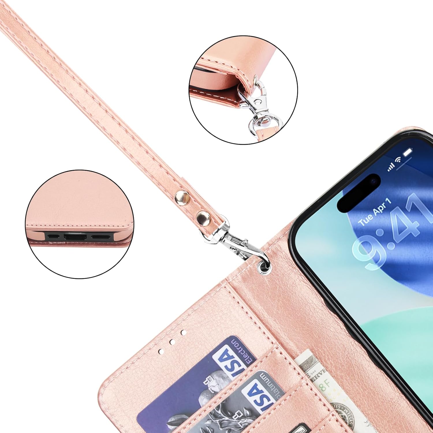 Bocasal Detachable Wallet Case for iPhone 17 RFID Blocking Card Slots Holder Premium PU Leather Magnetic Kickstand Shockproof Wrist Strap Removable Flip Protective Cover 5G 6.3 inch (Rose Gold)