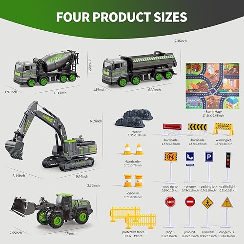 Miniatura 4 de FIVEDAOGANG Camión de construcción de juguetes para niños de 3, 4, 5, 6 años, paquete de 4 unidades de juguete de vehículo fundido a presión con