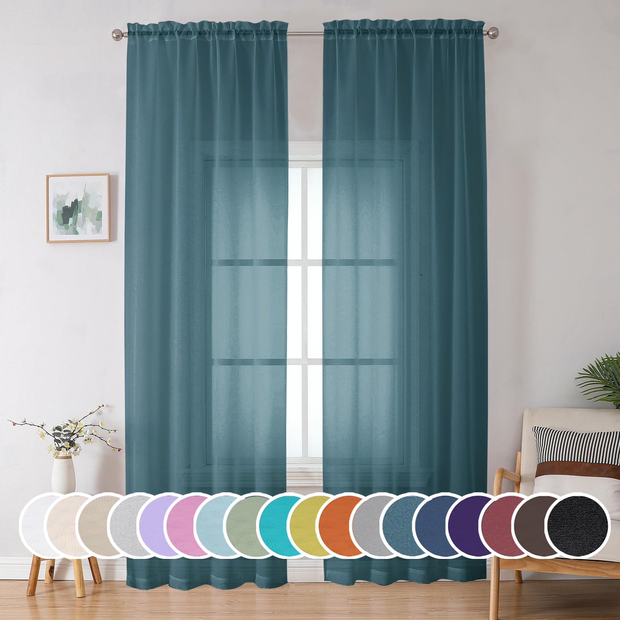 Photo 1 of **CURTAINS ARE BROWN**  Set of 4- OWENIE Sheer Curtains 96 inches Long for Bedroom Living Room 2 Panels Set, Farmhouse Rod Pocket Light Filtering Voile Sheer Curtains, Long Curtains for Study Room, 42Wx96L inch, Dusty Blue Dusty Blue 42W x 96L