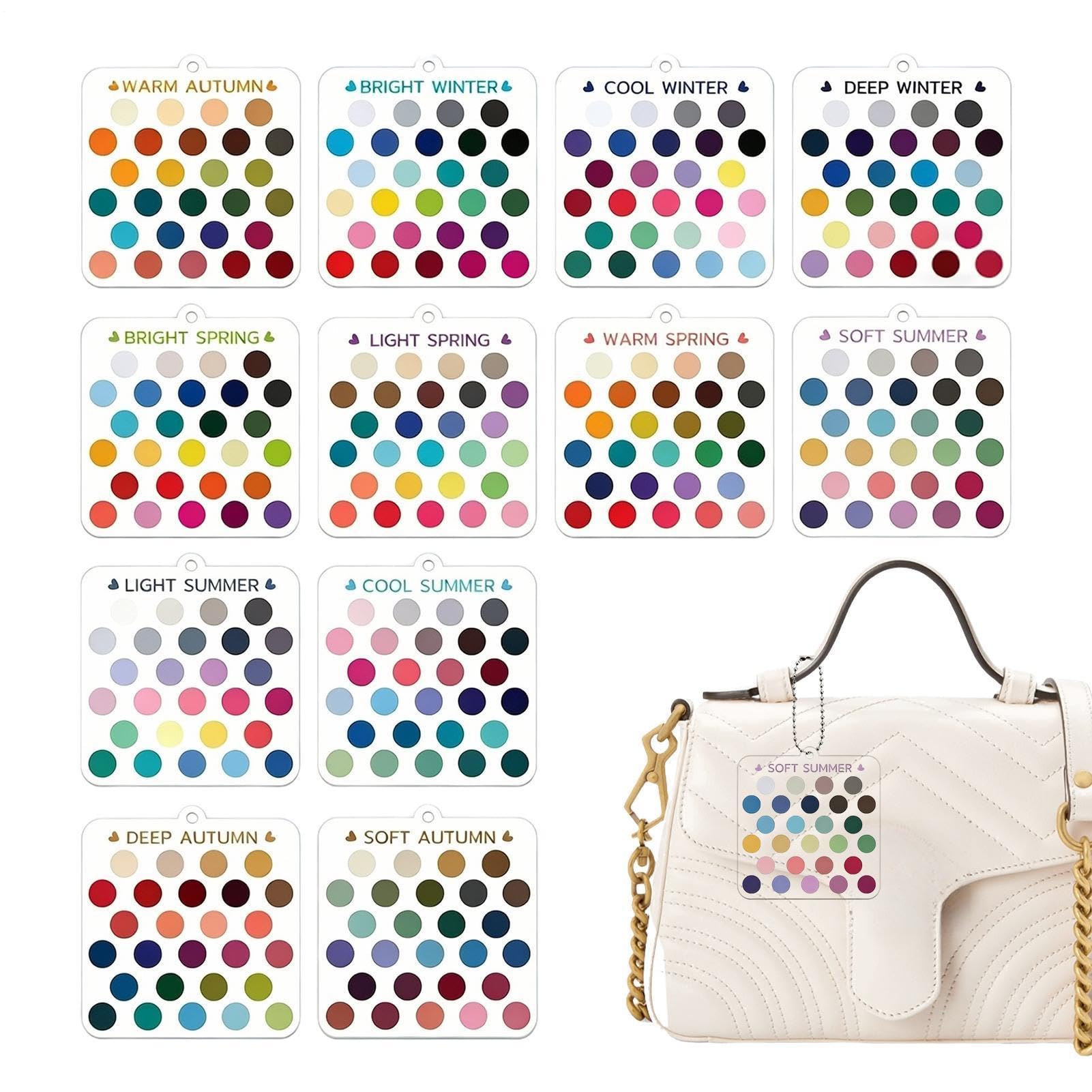 Cartes de sélection de couleurs saisonnières, lot de 12 pièces en acrylique portable, cartes à motifs de couleurs avec organiseur de porte-clés, guide pratique pour vêtements, rouge à lèvres, fard à