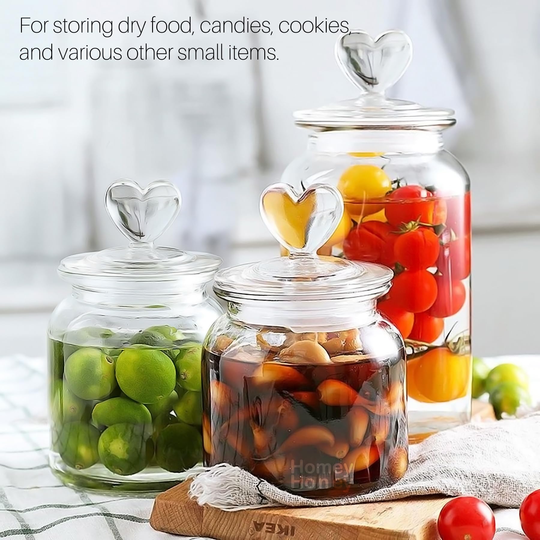 HomeyHoney Voorraadpotten met deksel, luchtdicht, set van 2, snoepglas met hartvorm, voorraadpotten, glas, 1300 ml, decoratieve voorraadpotten voor snoepbar, keuken, edelsteentextuur