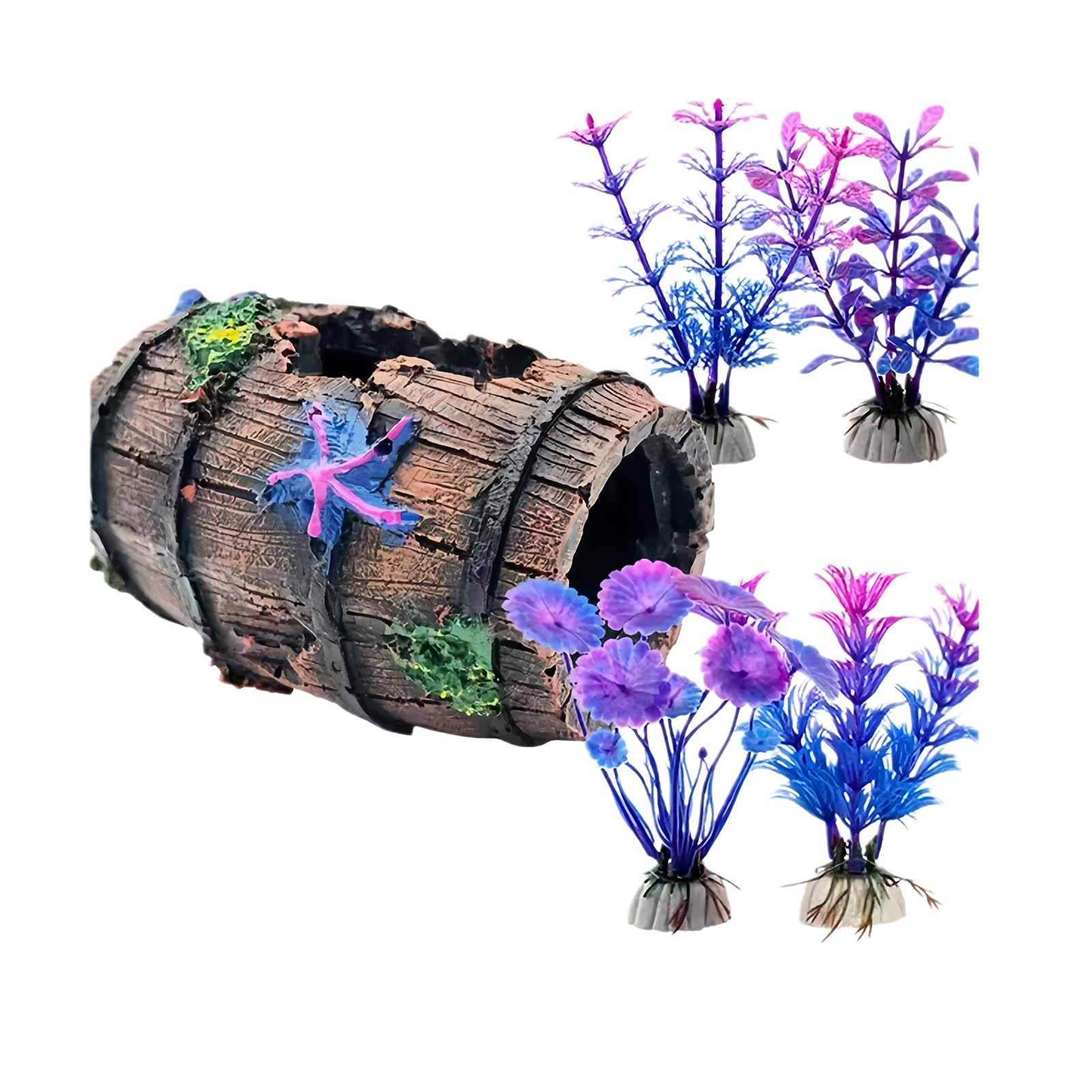 Maslasee Fish Tank Decorations, Betta Fish Tank Accessories with Broken Barrel Cave and Aquarium Plants,Fish Tank Ornaments for Small Fish to Hide and Play