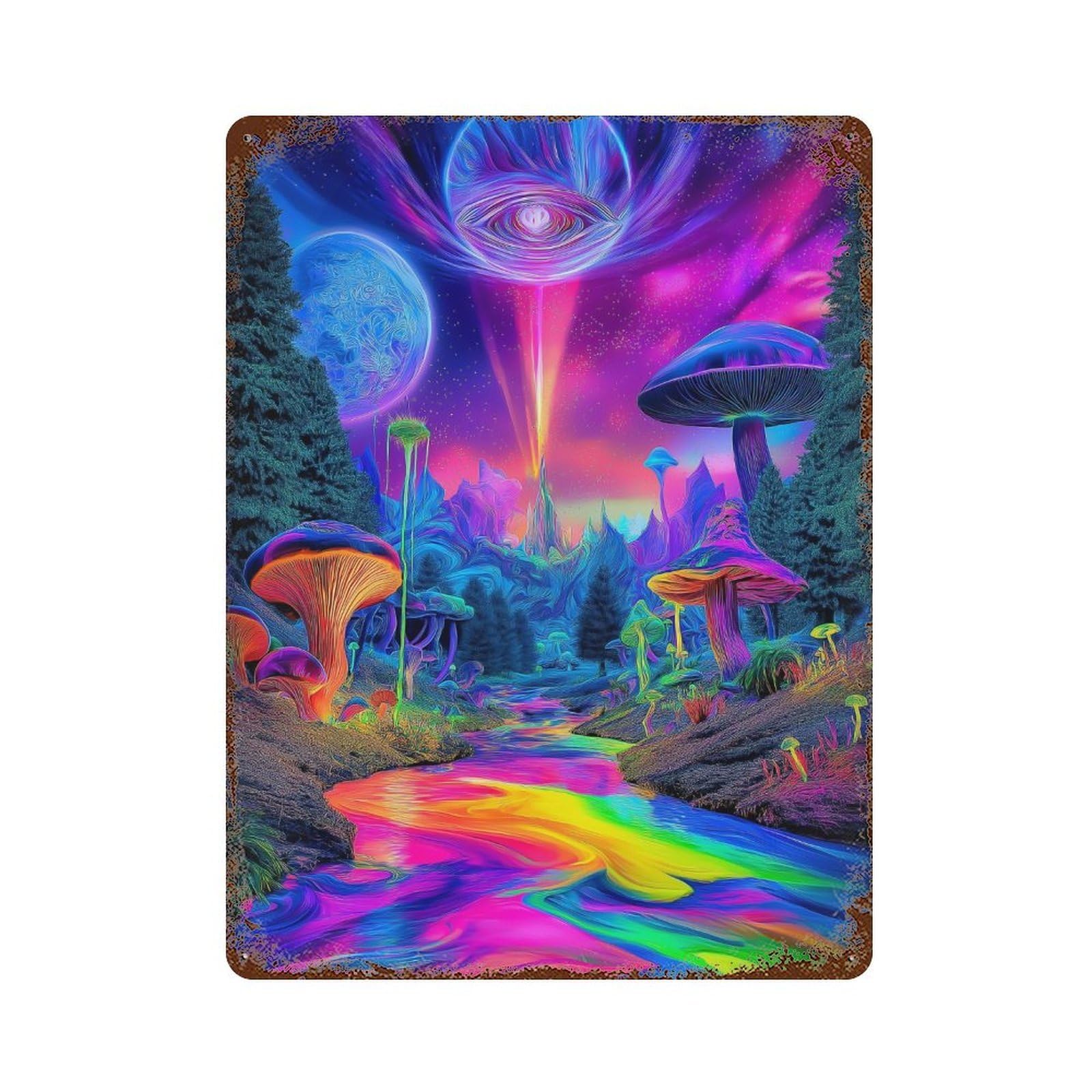 Psychedelic Mushroom Forest Retro Metal Sign 15.7"x11.8", Novelty Wall Decor for Garage, Pub Or Kitchen