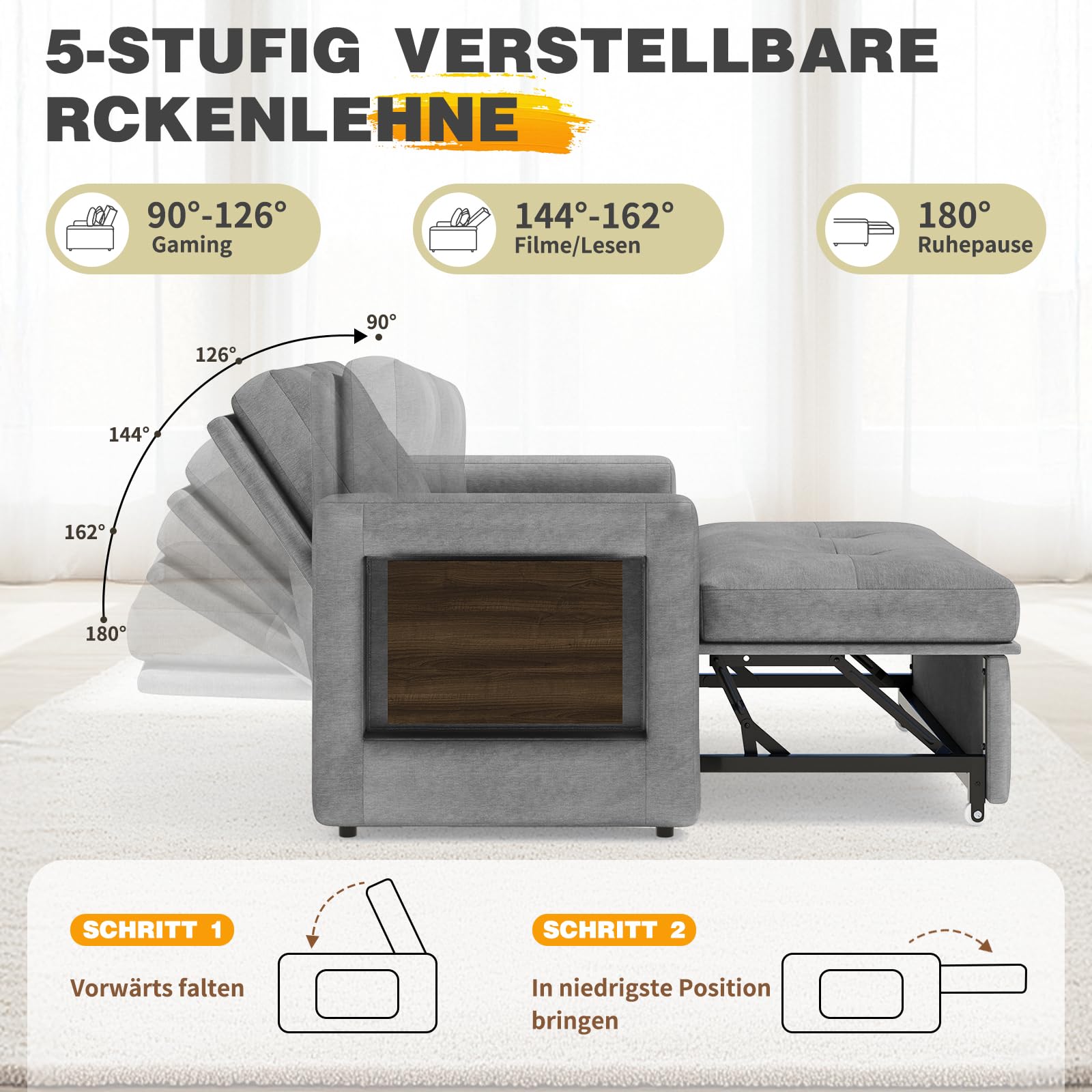 YOUDENOVA Sofa mit Schlaffunktion, Schlafsofa mit 5-stufig Verstellbarer Rückenlehne, Schlafcouch mit Bettfunktion, Couch mit Tisch & Seitentasche, 2 Sitzer Sofa Bed 177x135 cm, Chenille Grau
