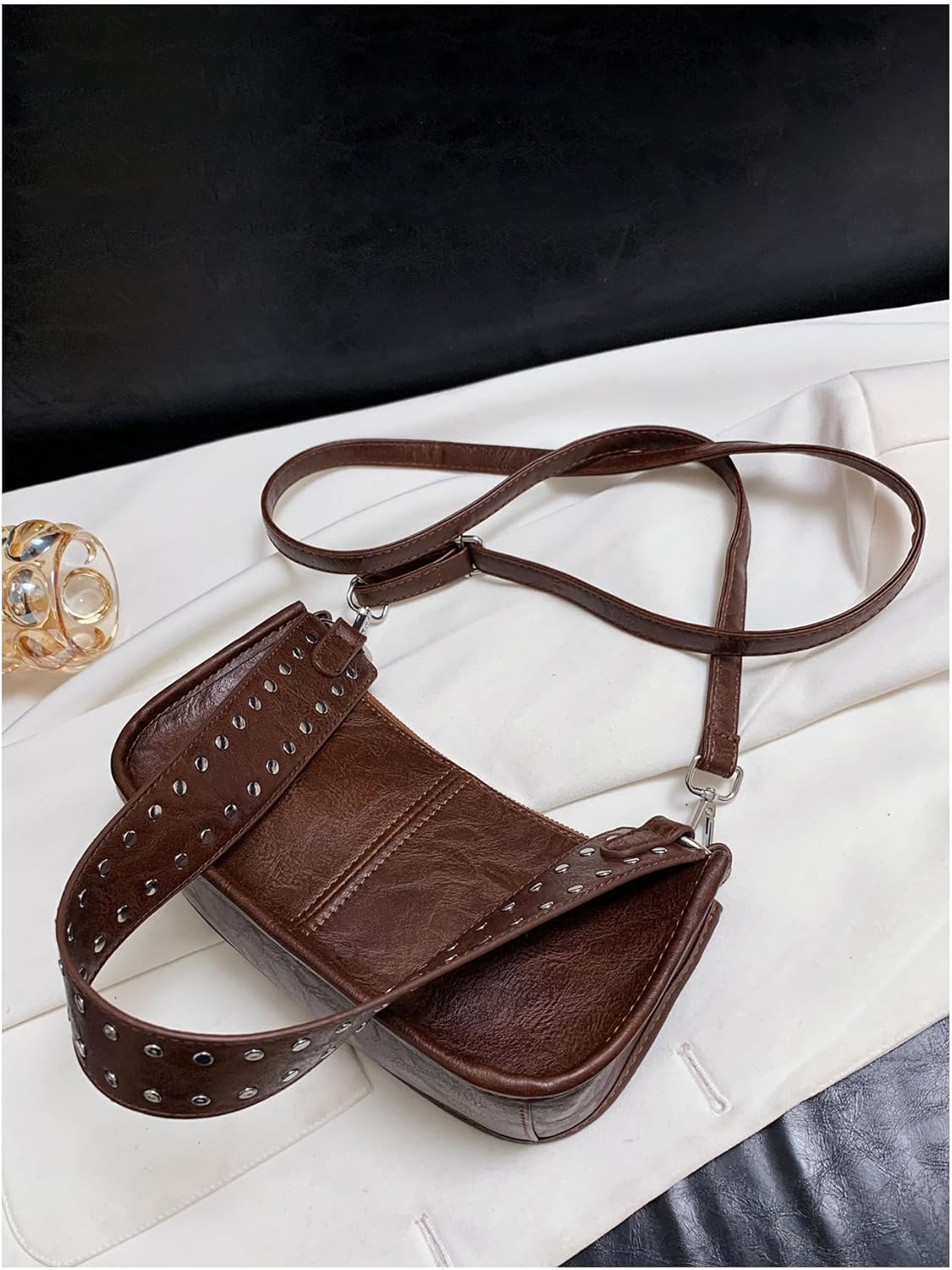 SweatyRocks Women's Studded PU Leather Zipper Shoulder Bag Top Handle Casual Crossbody Bag Y2k Purse | PU Leather, Studded, Zipper, Top Handle, Casual